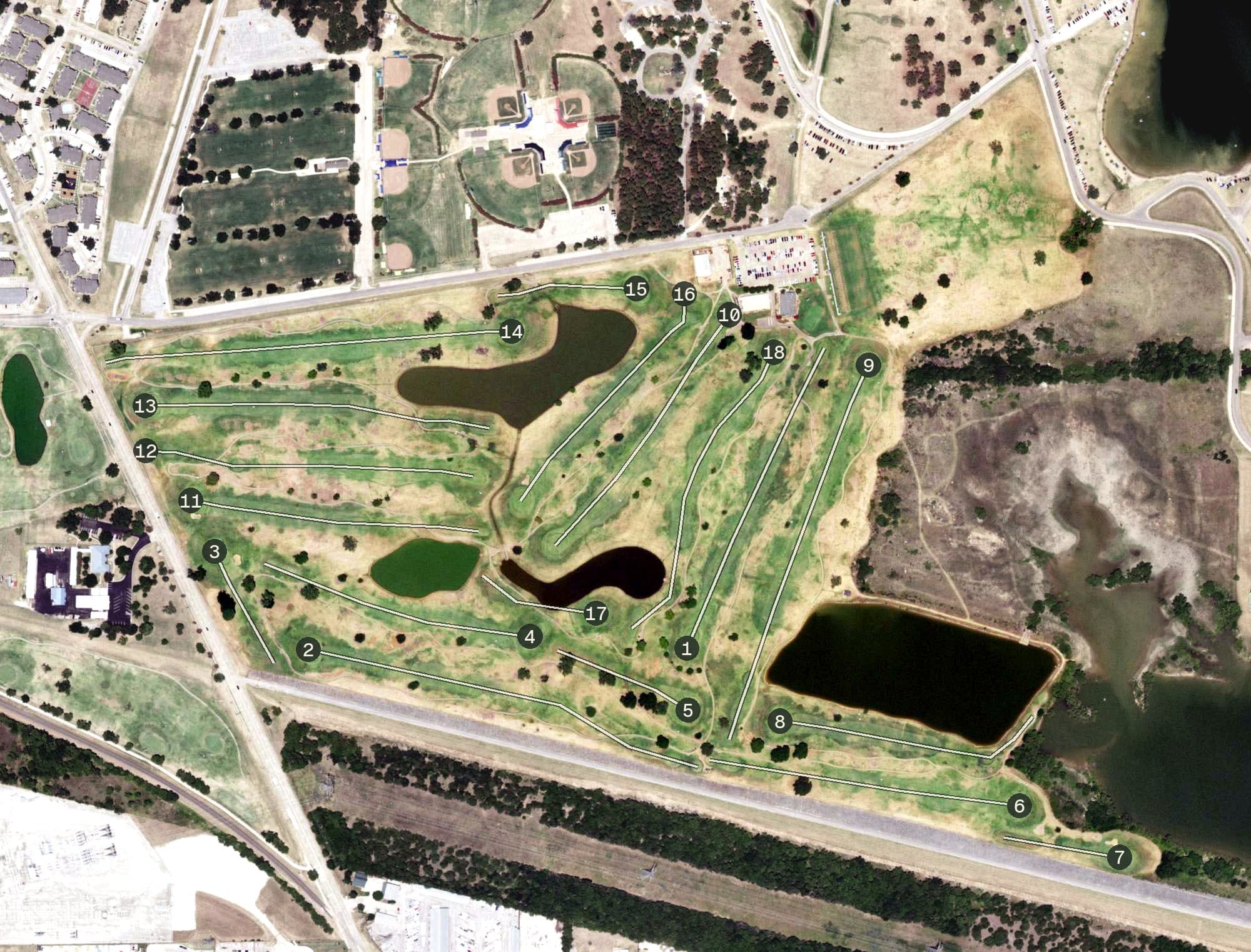 Aerial view of Lake Park Golf Club Championship Course, TX, with its hole routing marked