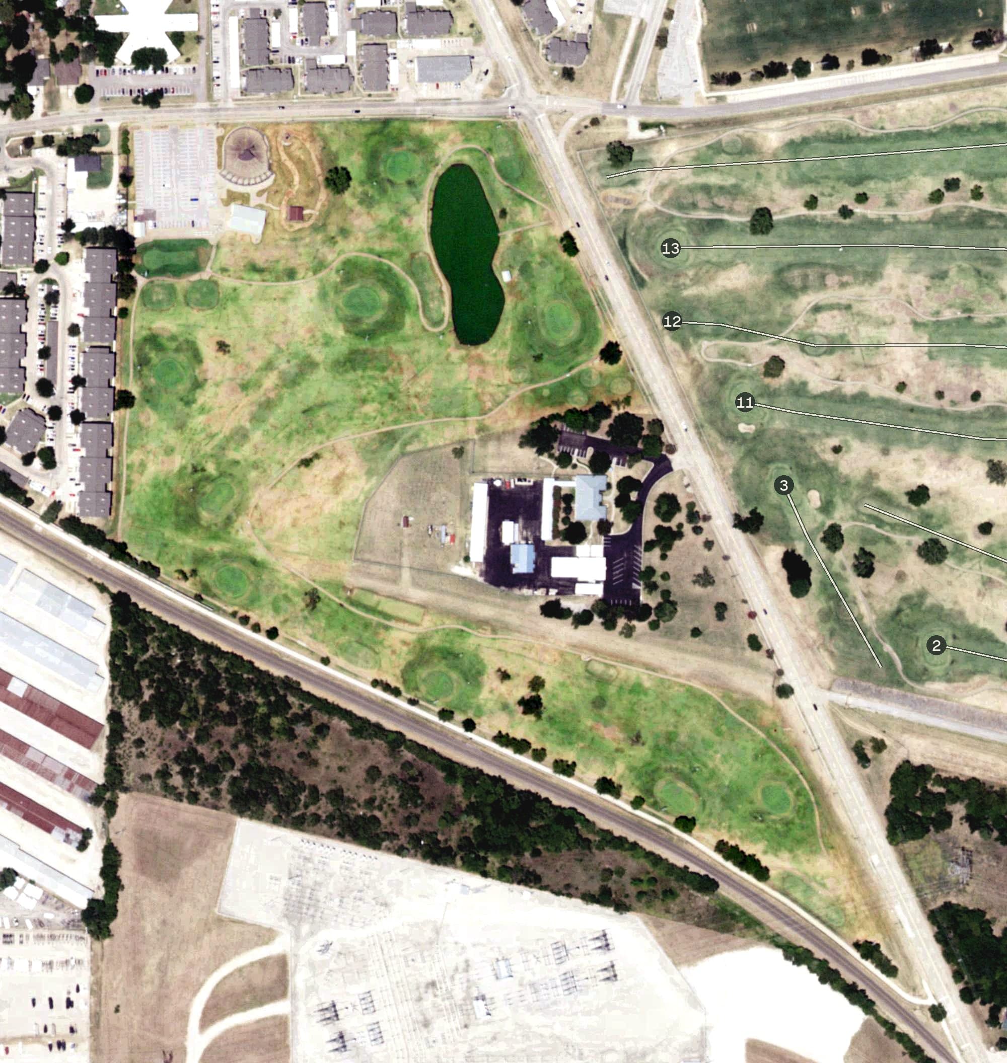 Aerial view of Lake Park Golf Club Executive Course, TX, with its hole routing marked