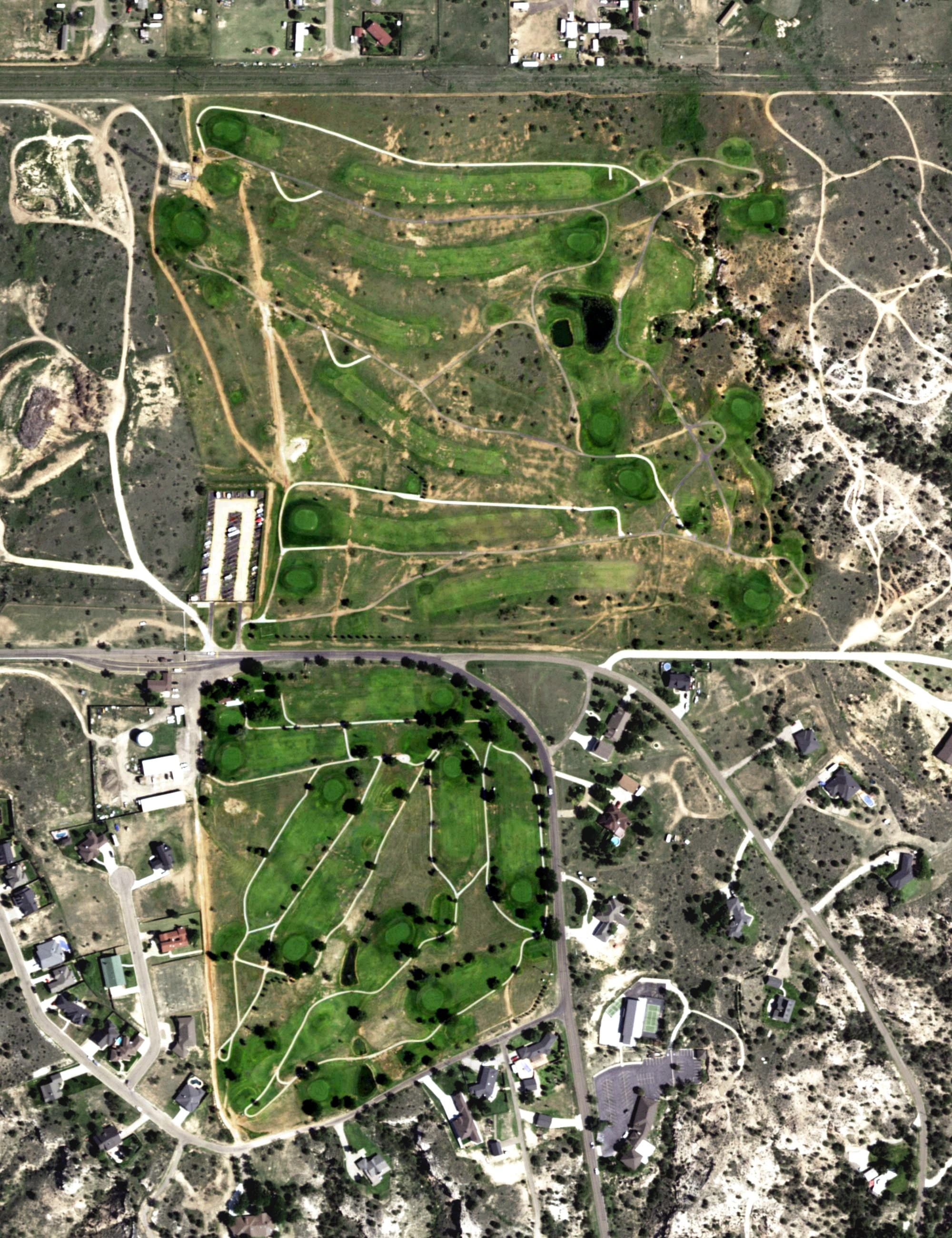 Aerial view of Lake Tanglewood Golf Course, TX, with its hole routing marked