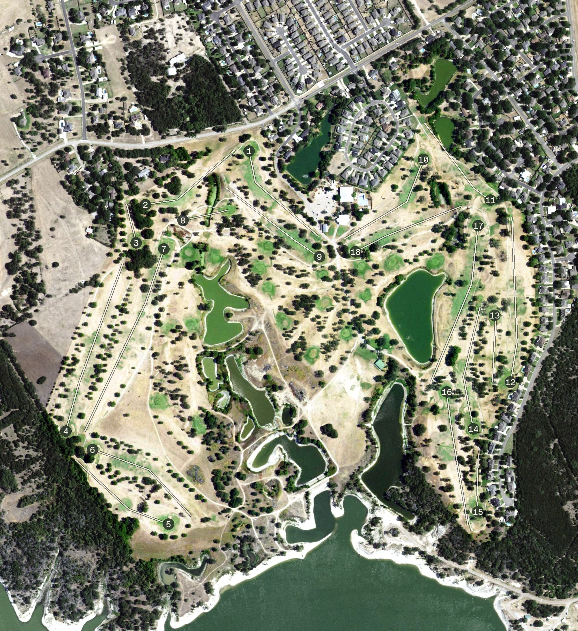 Aerial view of Lake Waco Golf Club, TX, with its hole routing marked