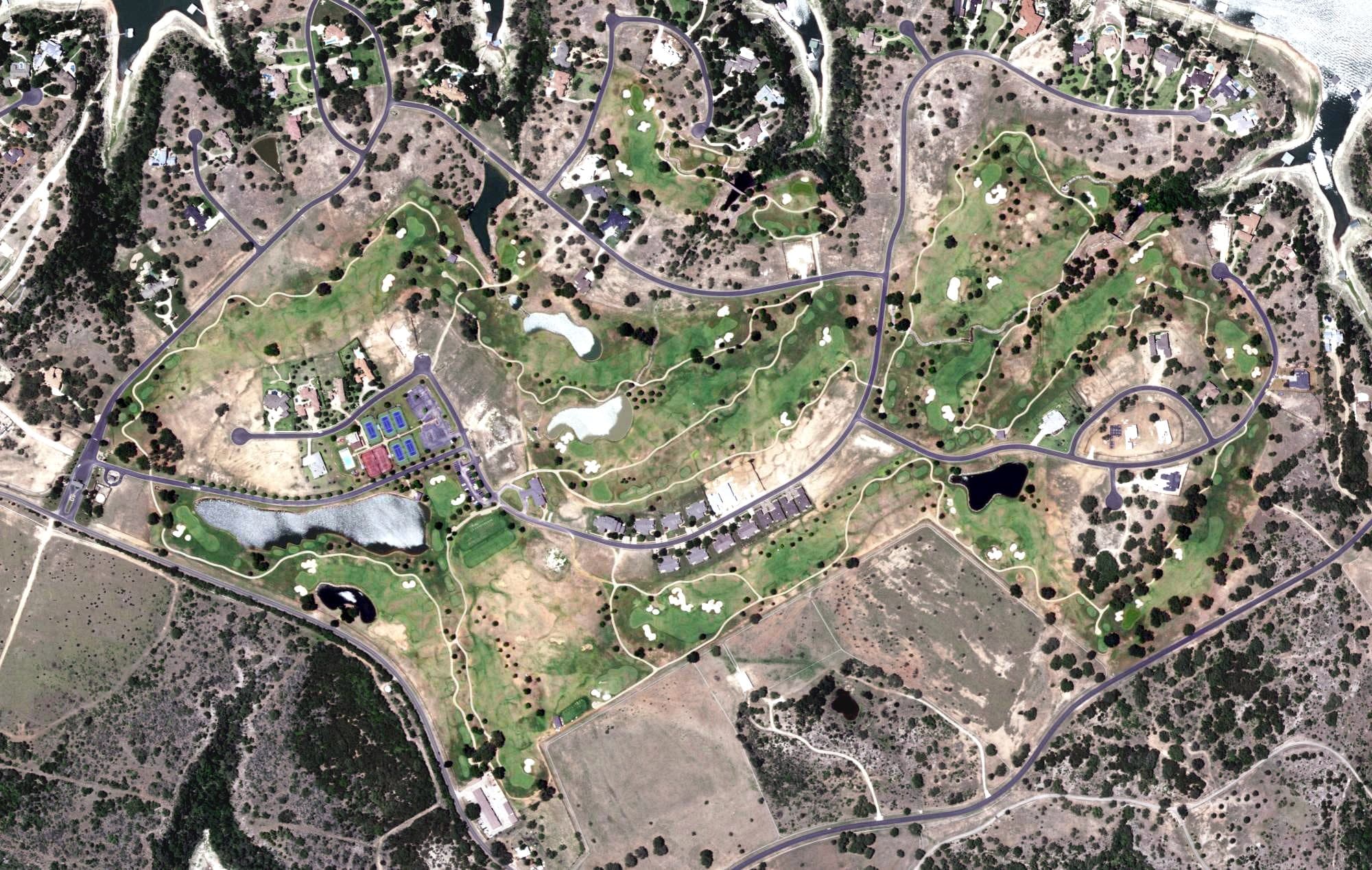 Aerial view of Lakecliff On Lake Travis Golf, TX, with its hole routing marked