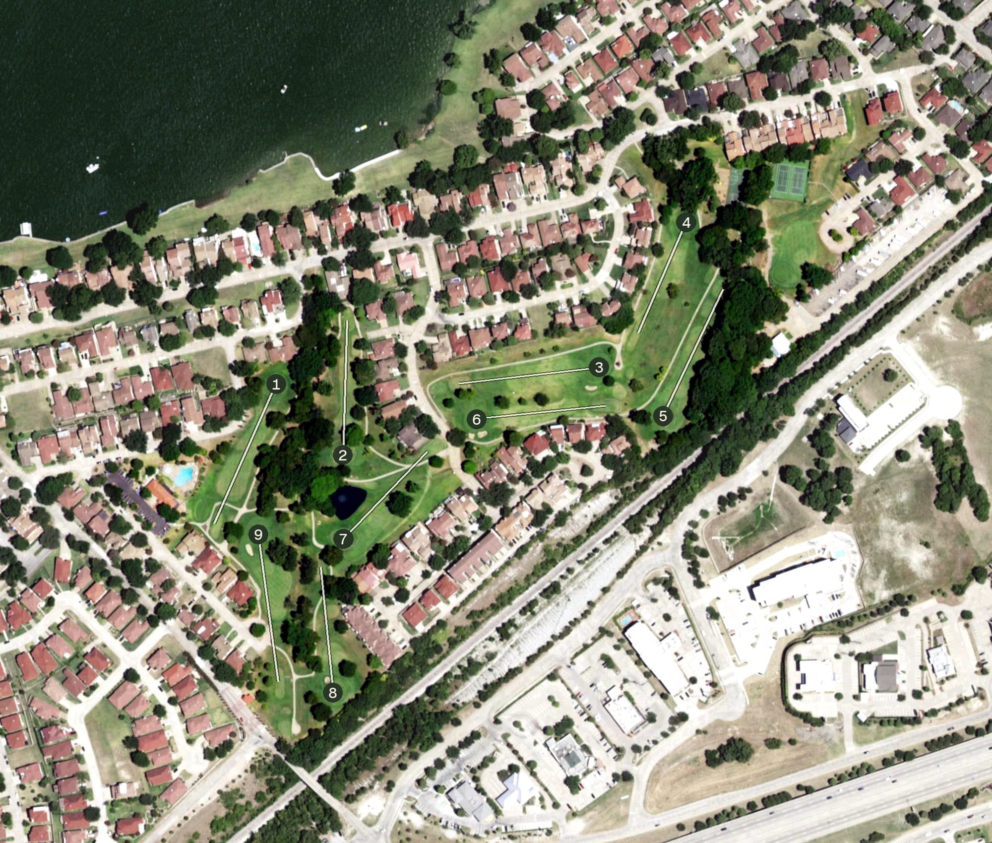 Aerial view of Lakeside Village Golf Course, TX, with its hole routing marked