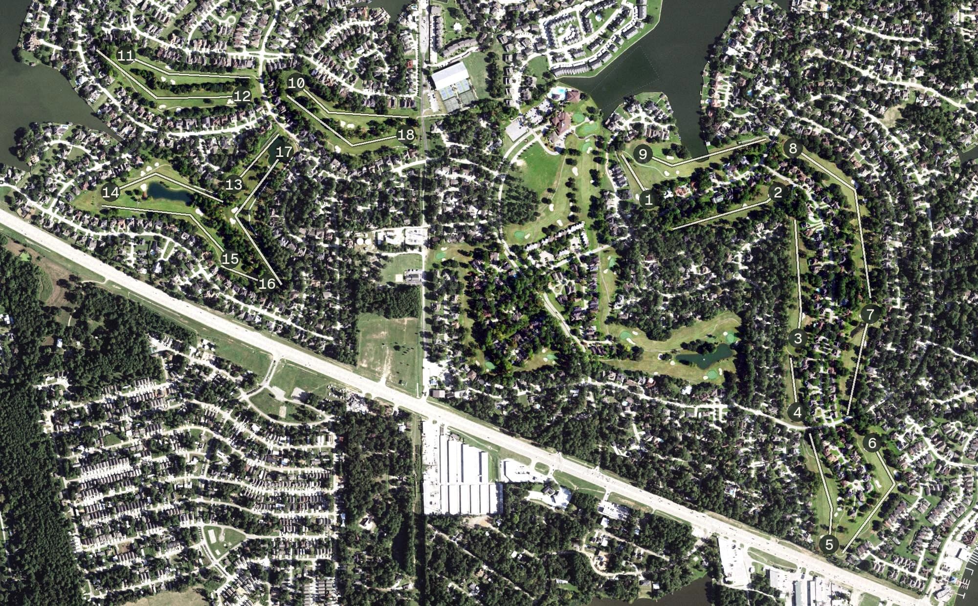 Aerial view of Lakeview Course, TX, with its hole routing marked