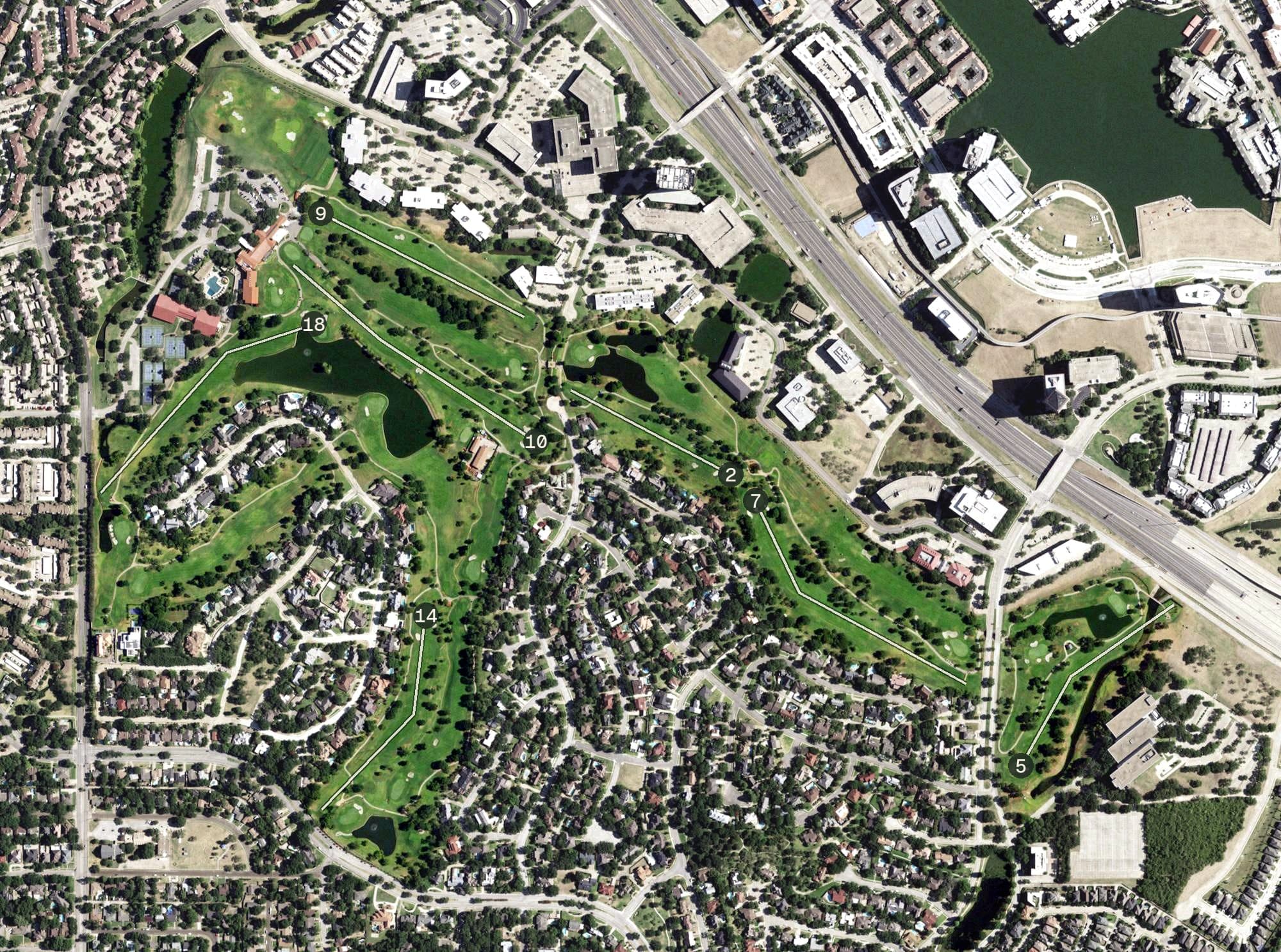 Aerial view of Las Colinas Country Club, TX, with its hole routing marked