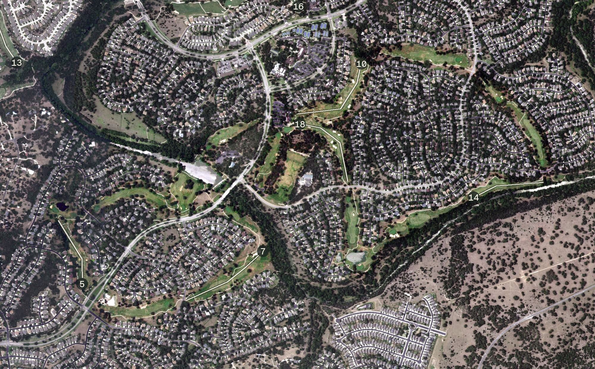 Aerial view of Legacy Hills Golf Club, TX, with its hole routing marked