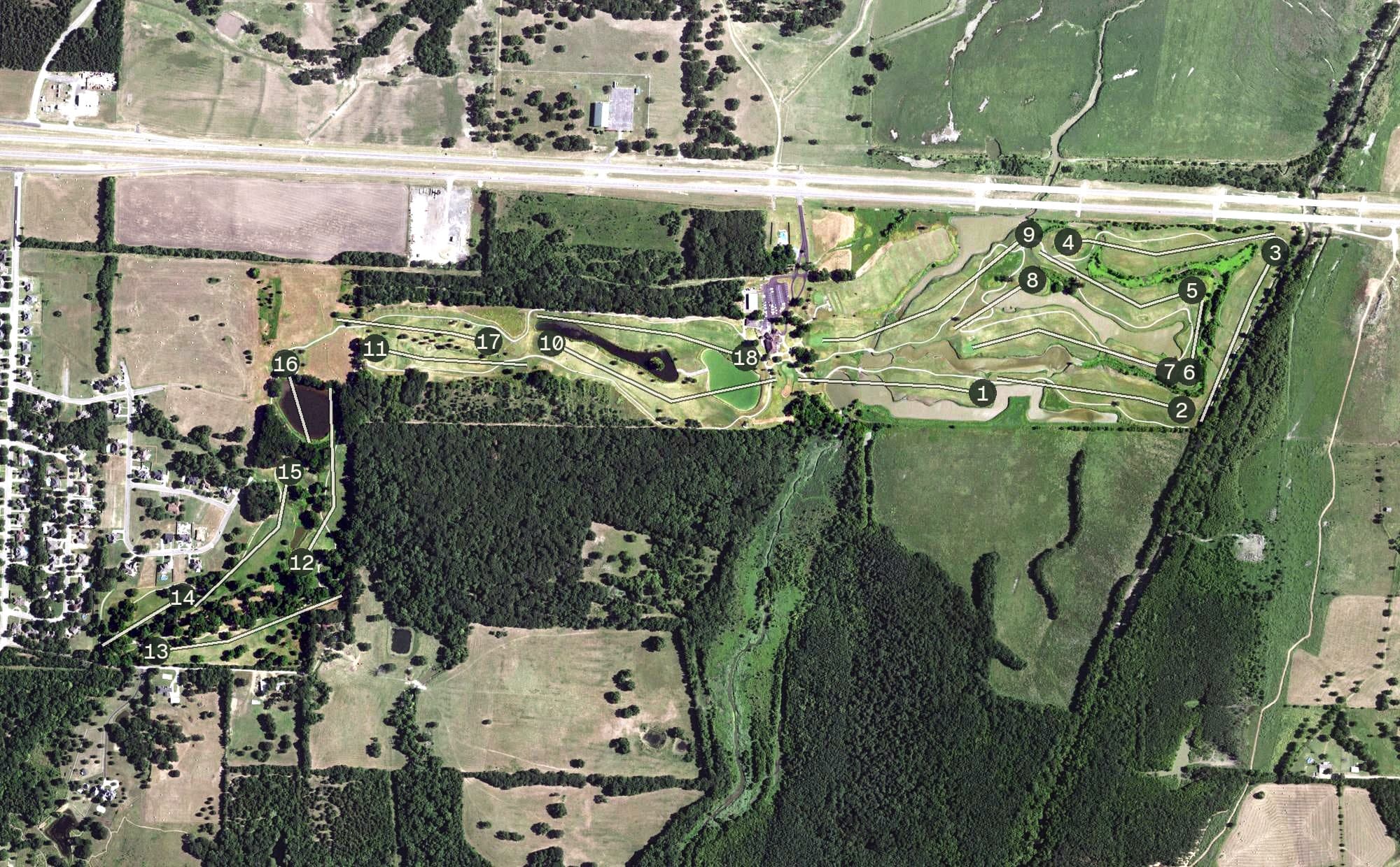 Aerial view of Legacy Ridge Golf Club, TX, with its hole routing marked