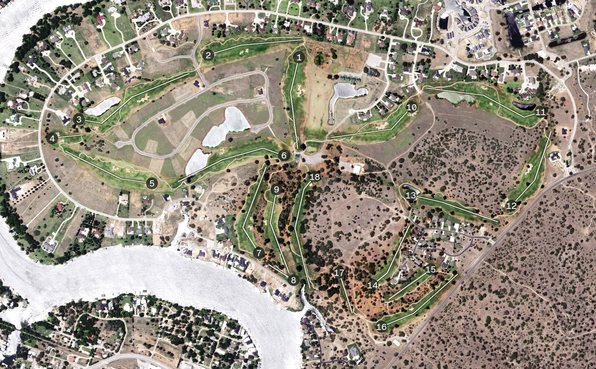 Aerial view of Legends Golf Course, TX, with its hole routing marked