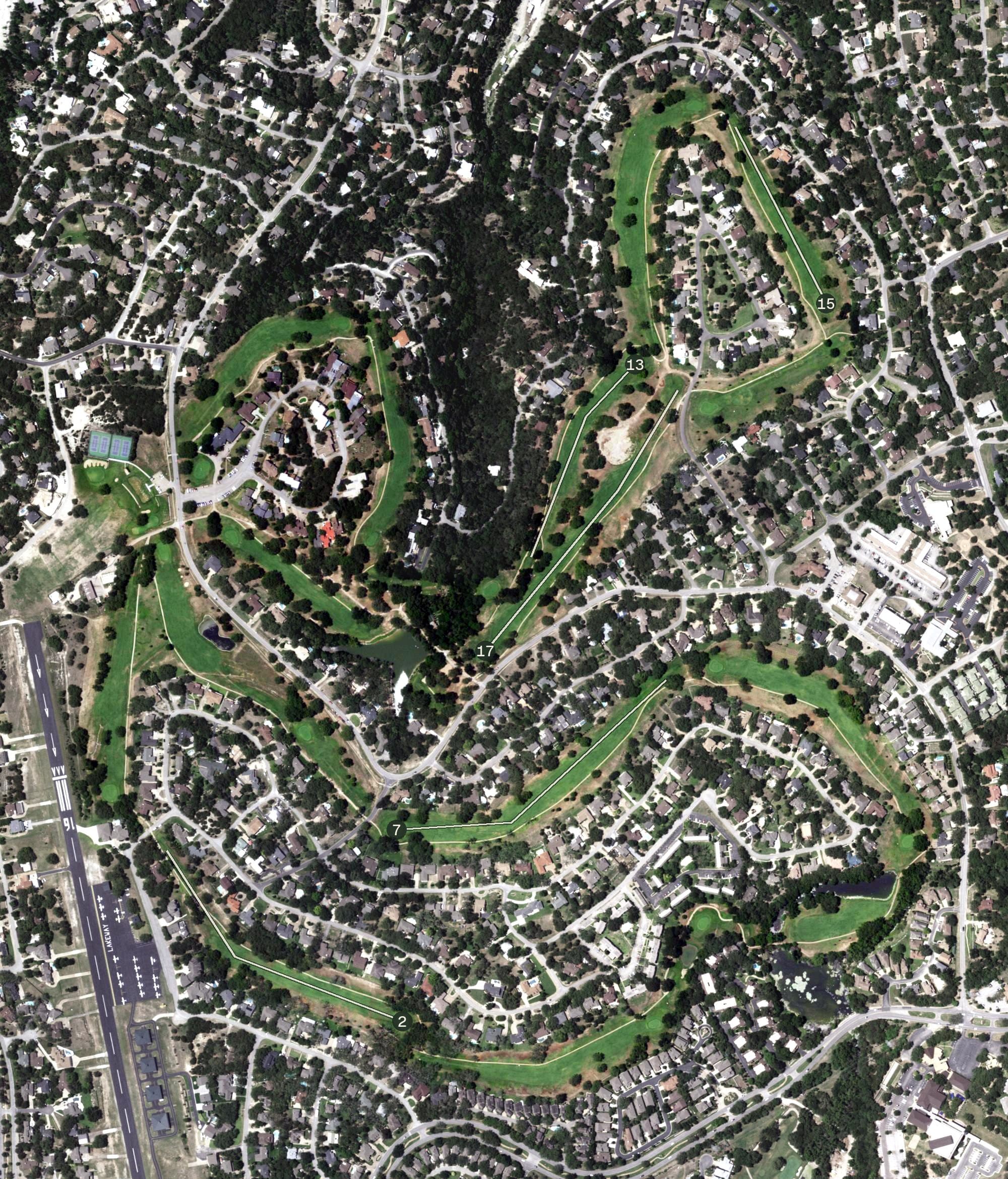 Aerial view of Live Oak Golf Course, TX, with its hole routing marked