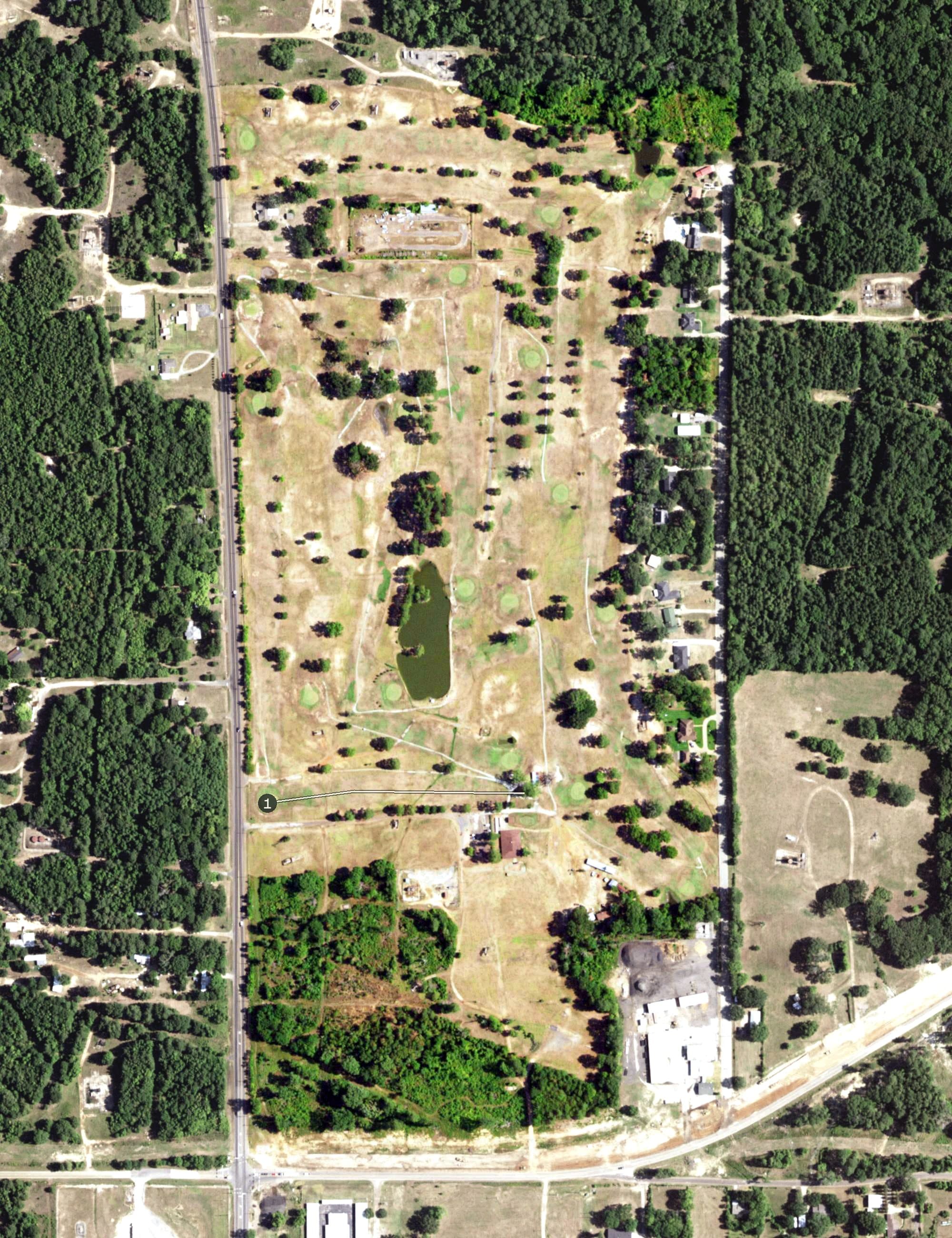 Aerial view of Longview Country Club, TX, with its hole routing marked