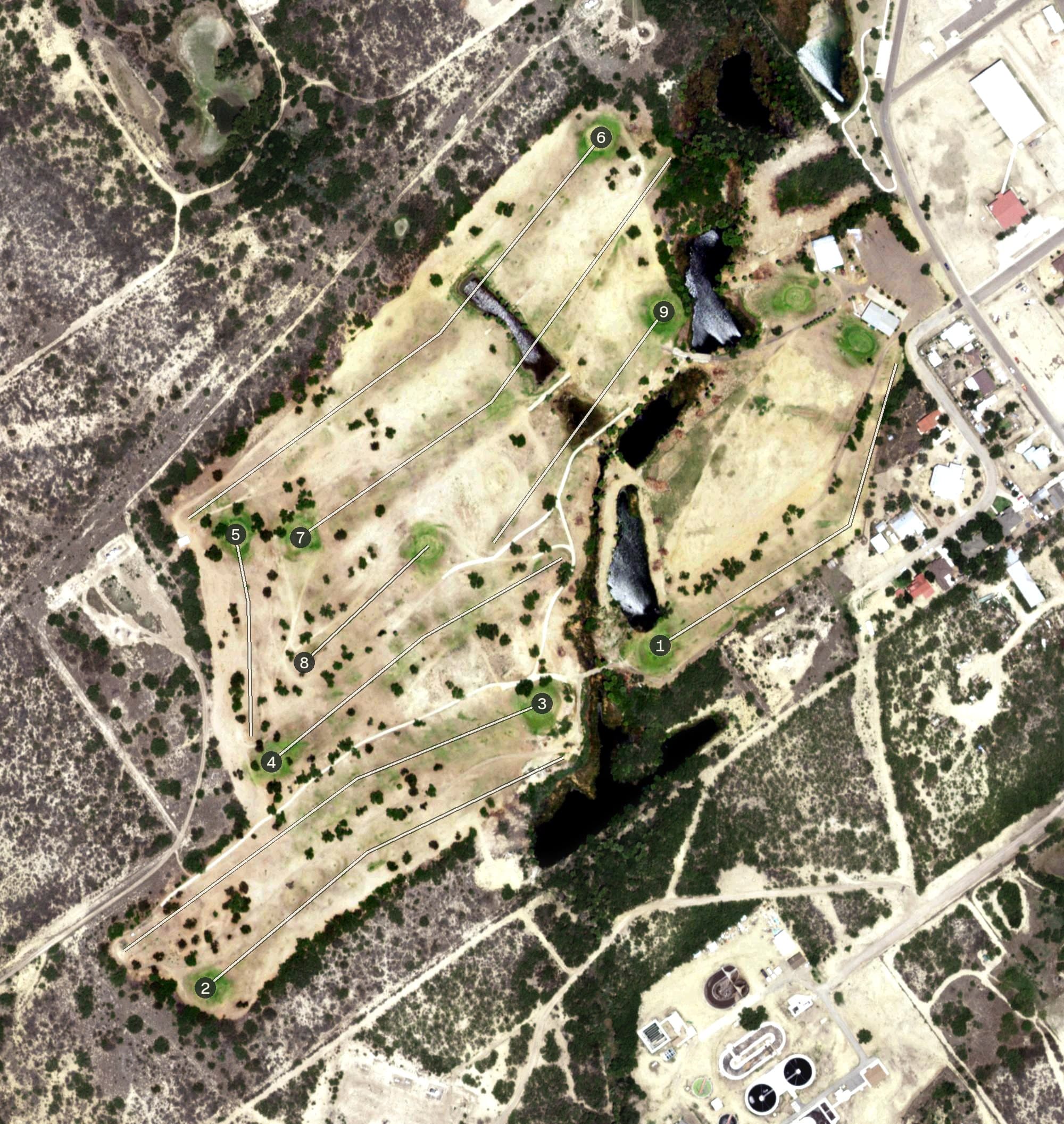 Aerial view of Los Ebanos Golf Course, TX, with its hole routing marked