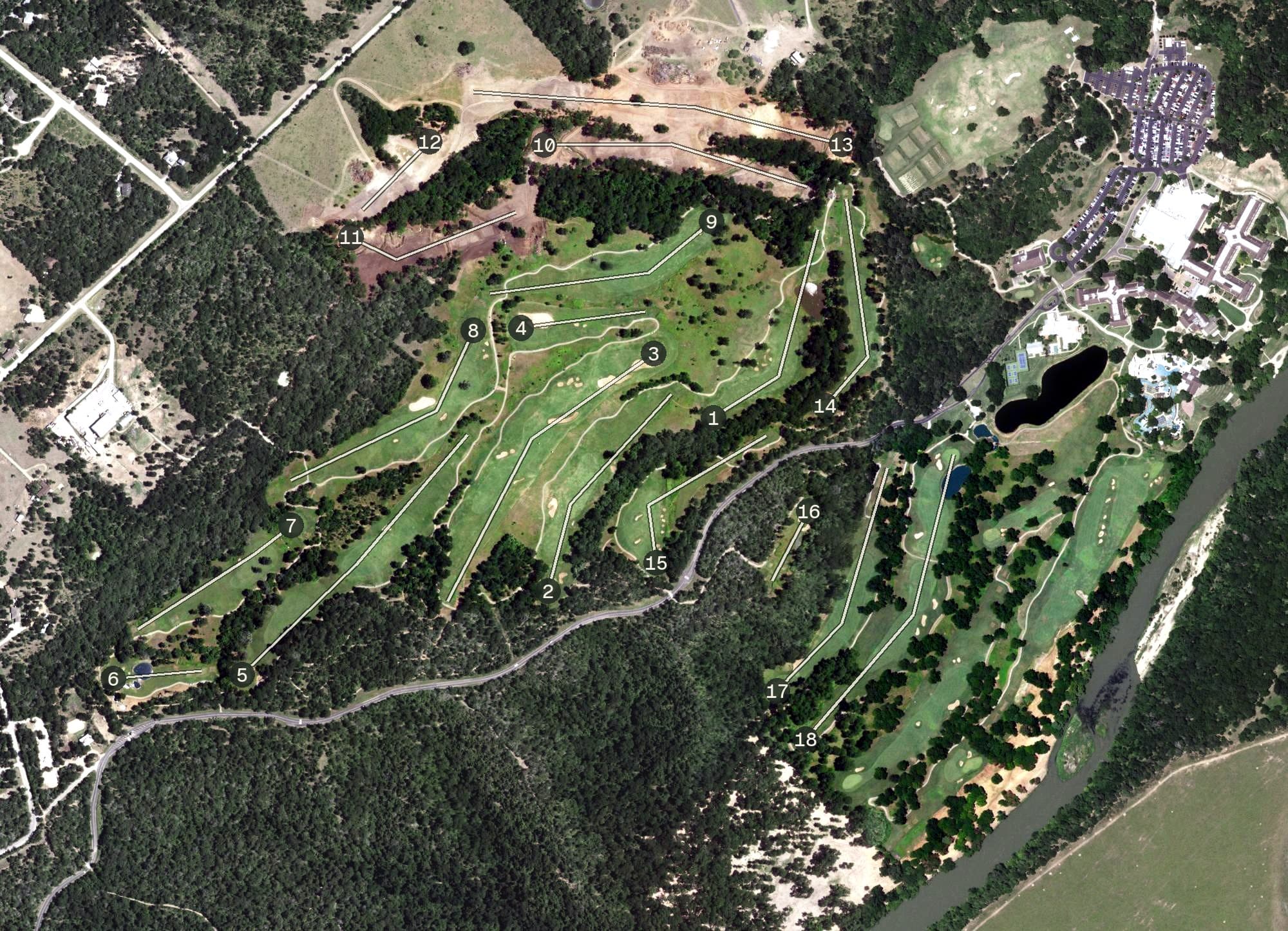 Aerial view of Lost Pines Golf Club, TX, with its hole routing marked