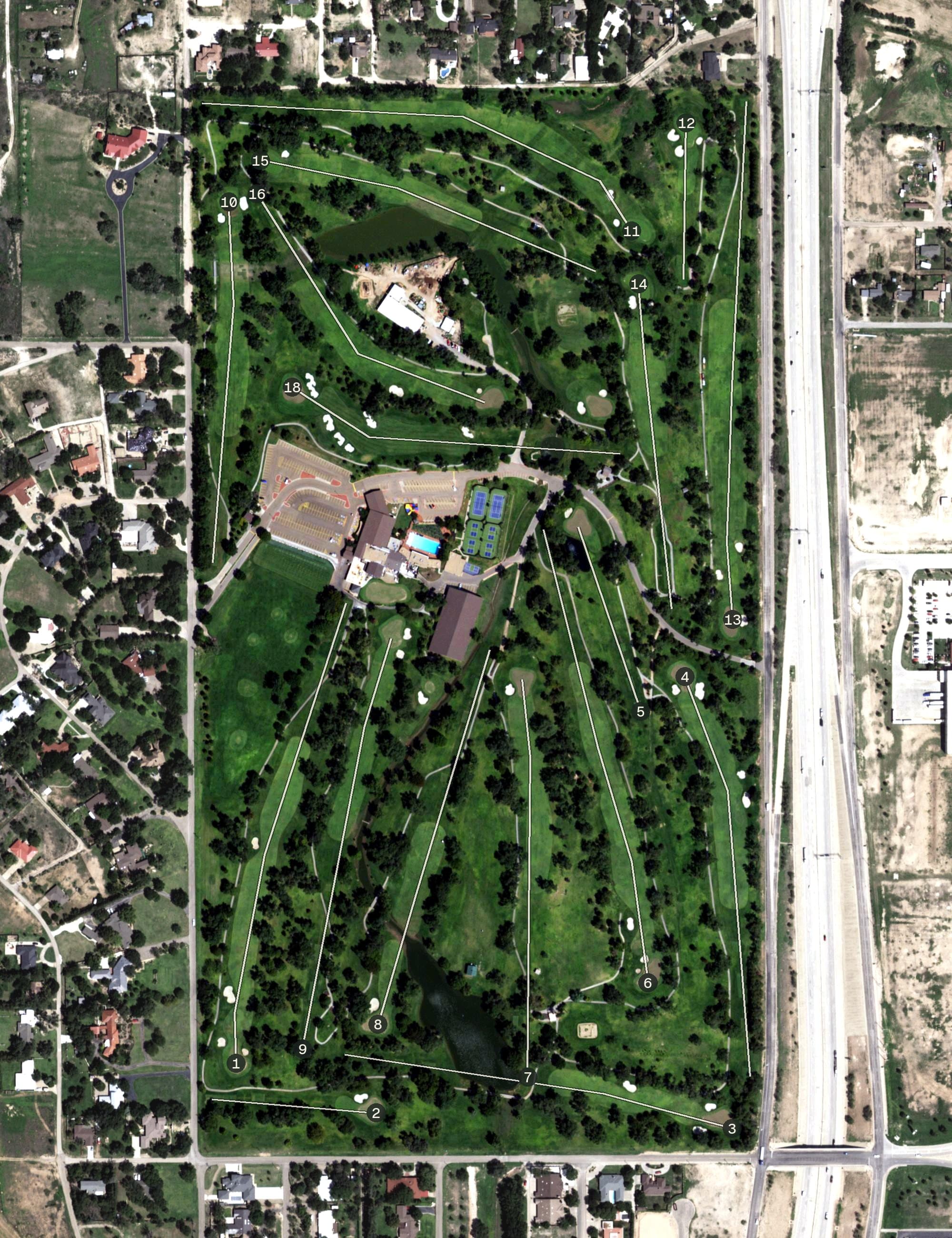 Aerial view of Lubbock Country Club, TX, with its hole routing marked