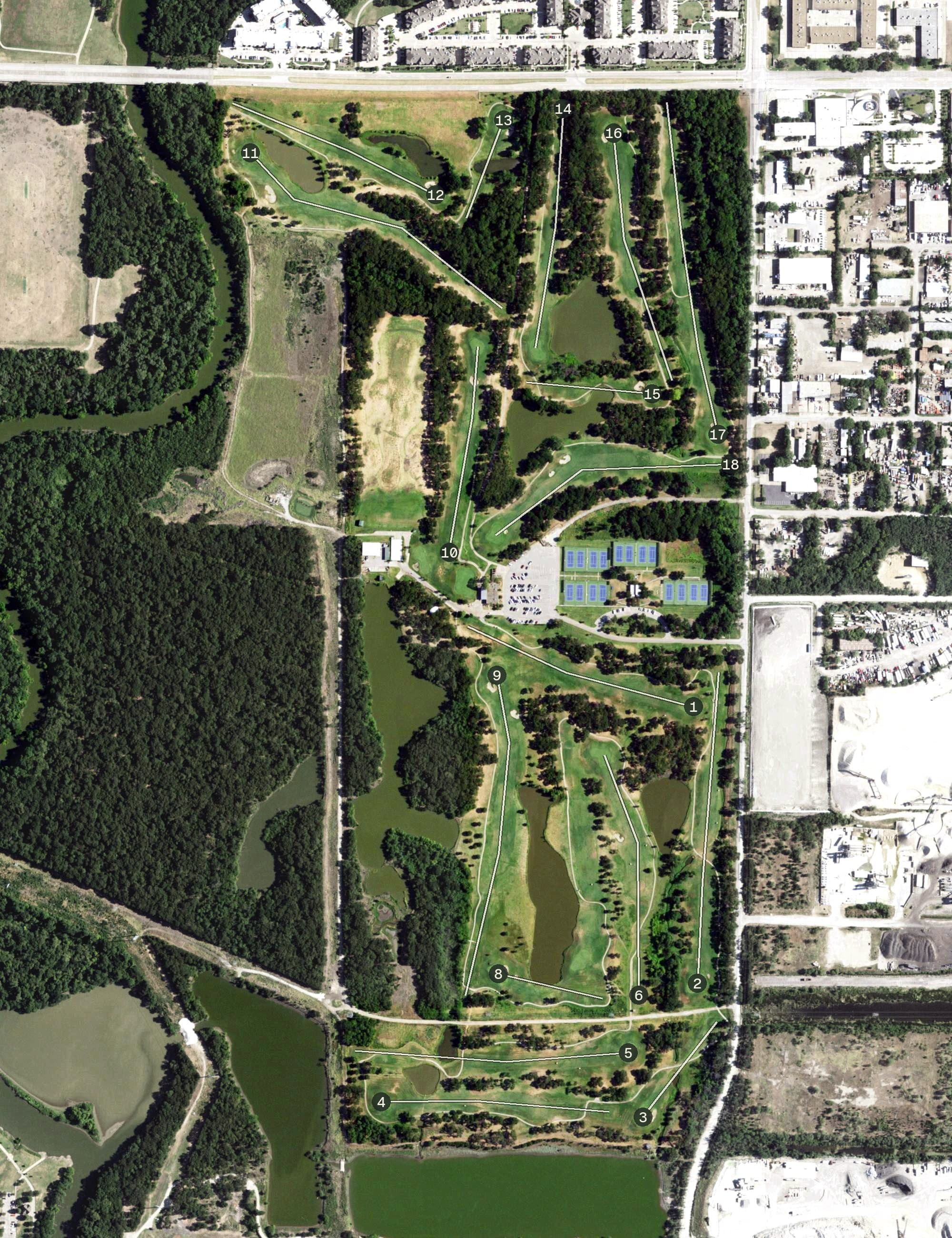 Aerial view of Luna Vista Golf Course, TX, with its hole routing marked