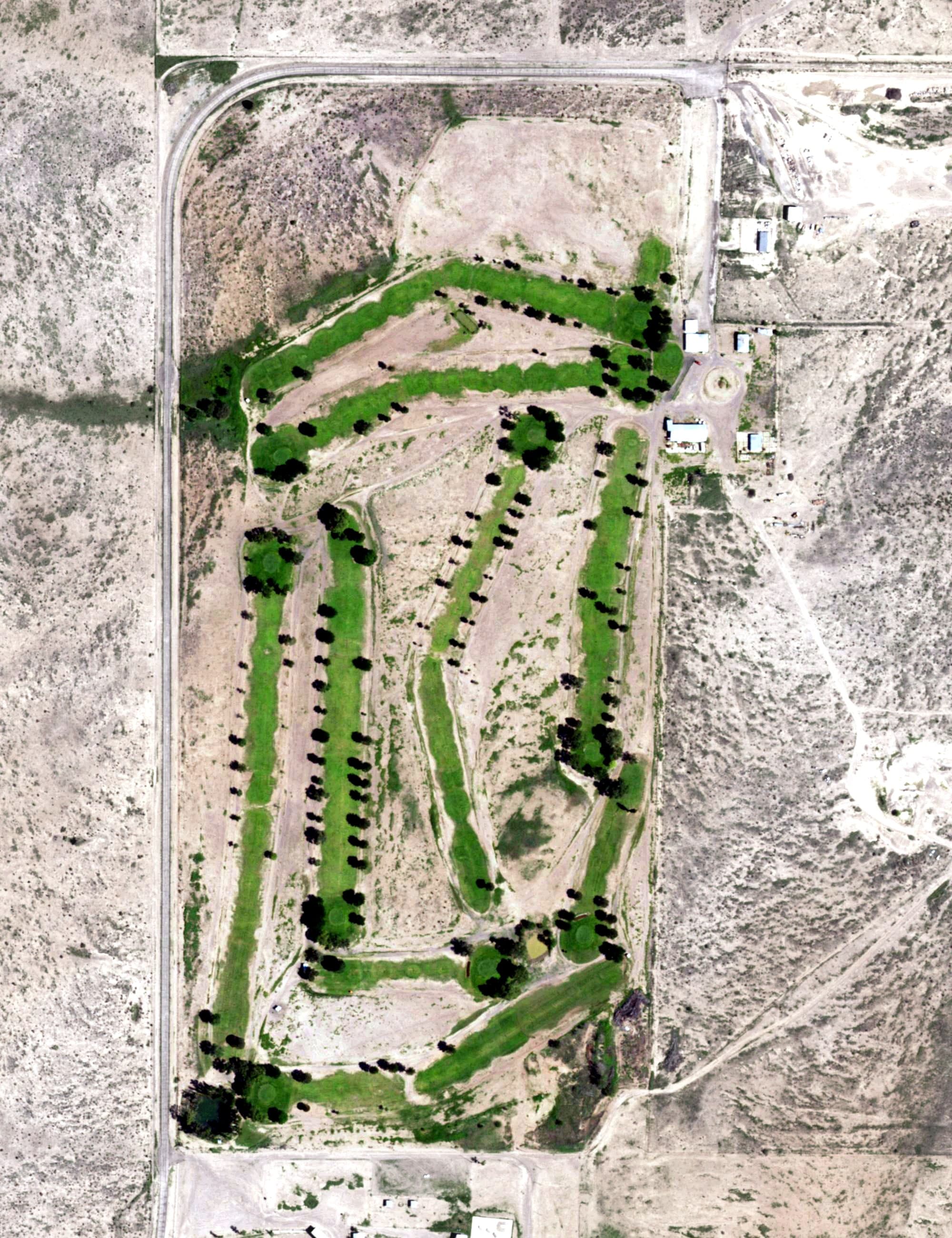 Aerial view of Marfa Municipal Golf Course, TX, with its hole routing marked