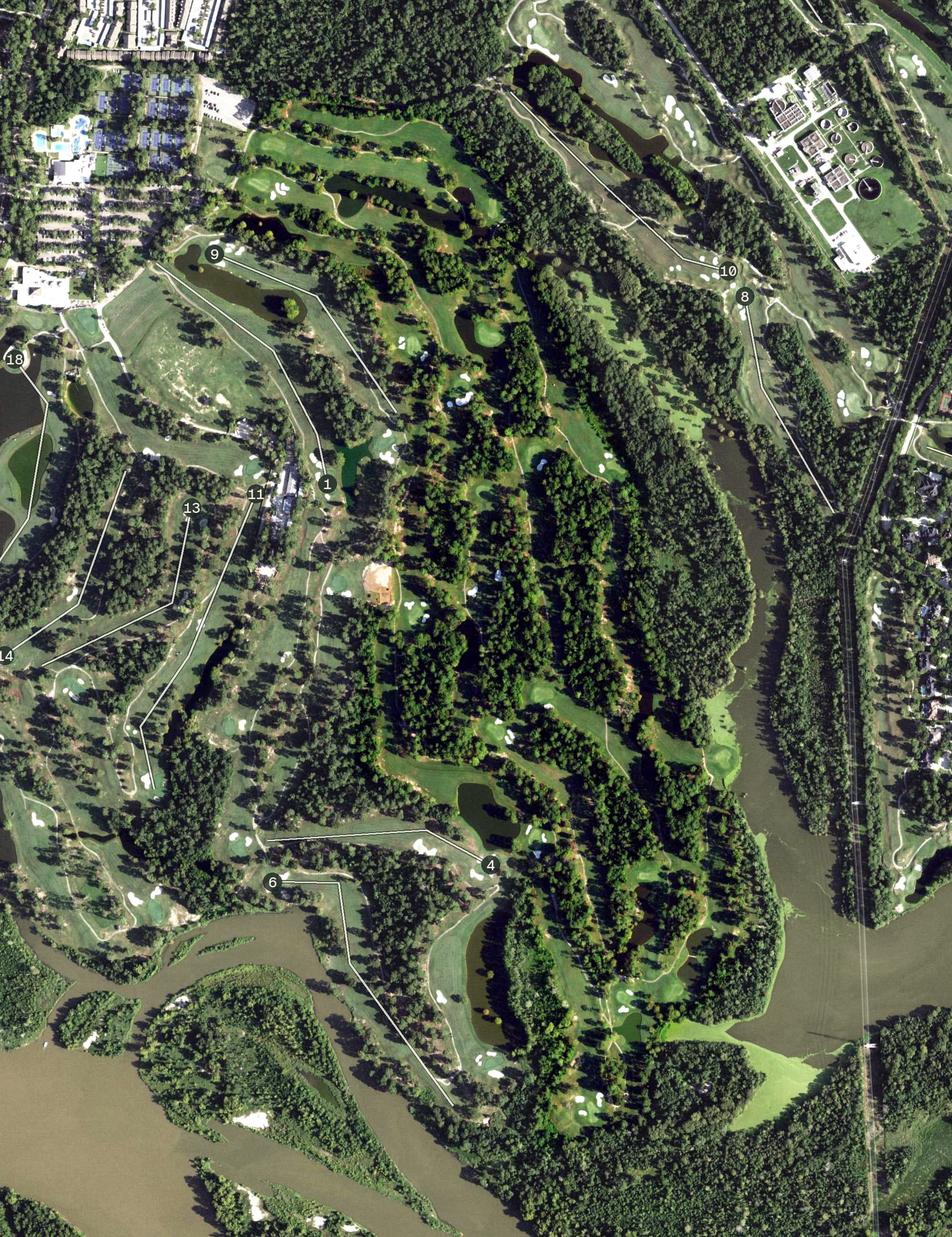Aerial view of Marsh Golf Course, TX, with its hole routing marked