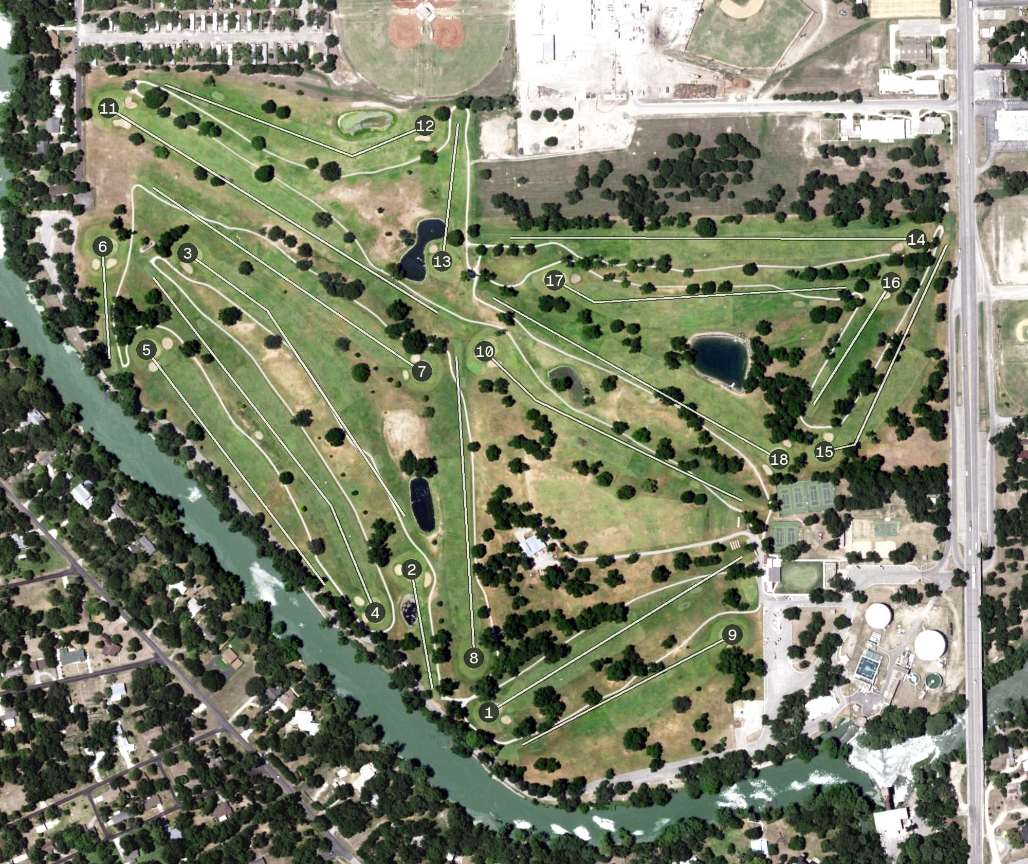 Aerial view of Max Starcke Park Golf Course, TX, with its hole routing marked