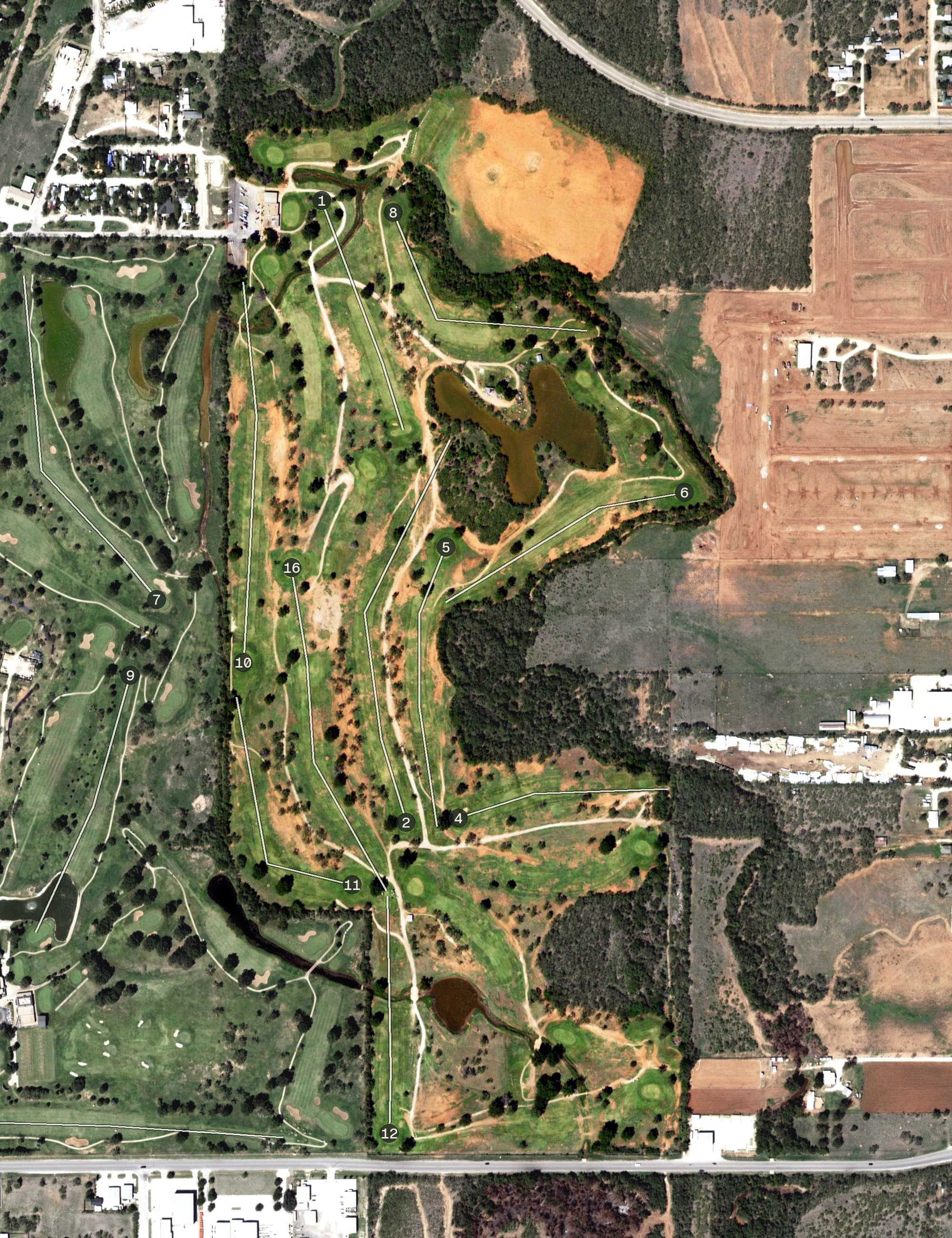 Aerial view of Maxwell Golf Course, TX, with its hole routing marked