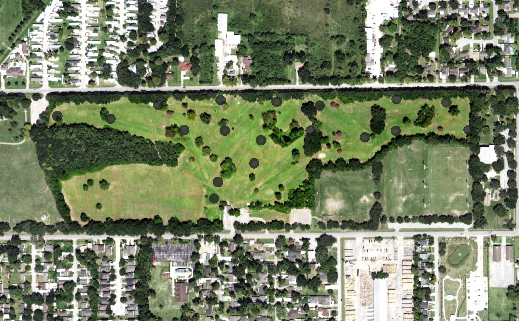 Aerial view of Melrose Golf Course, TX, with its hole routing marked