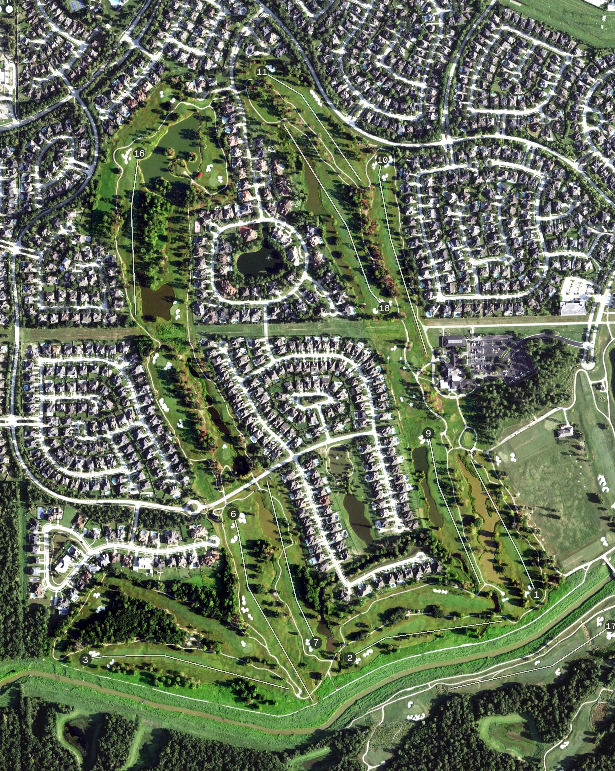 Aerial view of Member Course, TX, with its hole routing marked