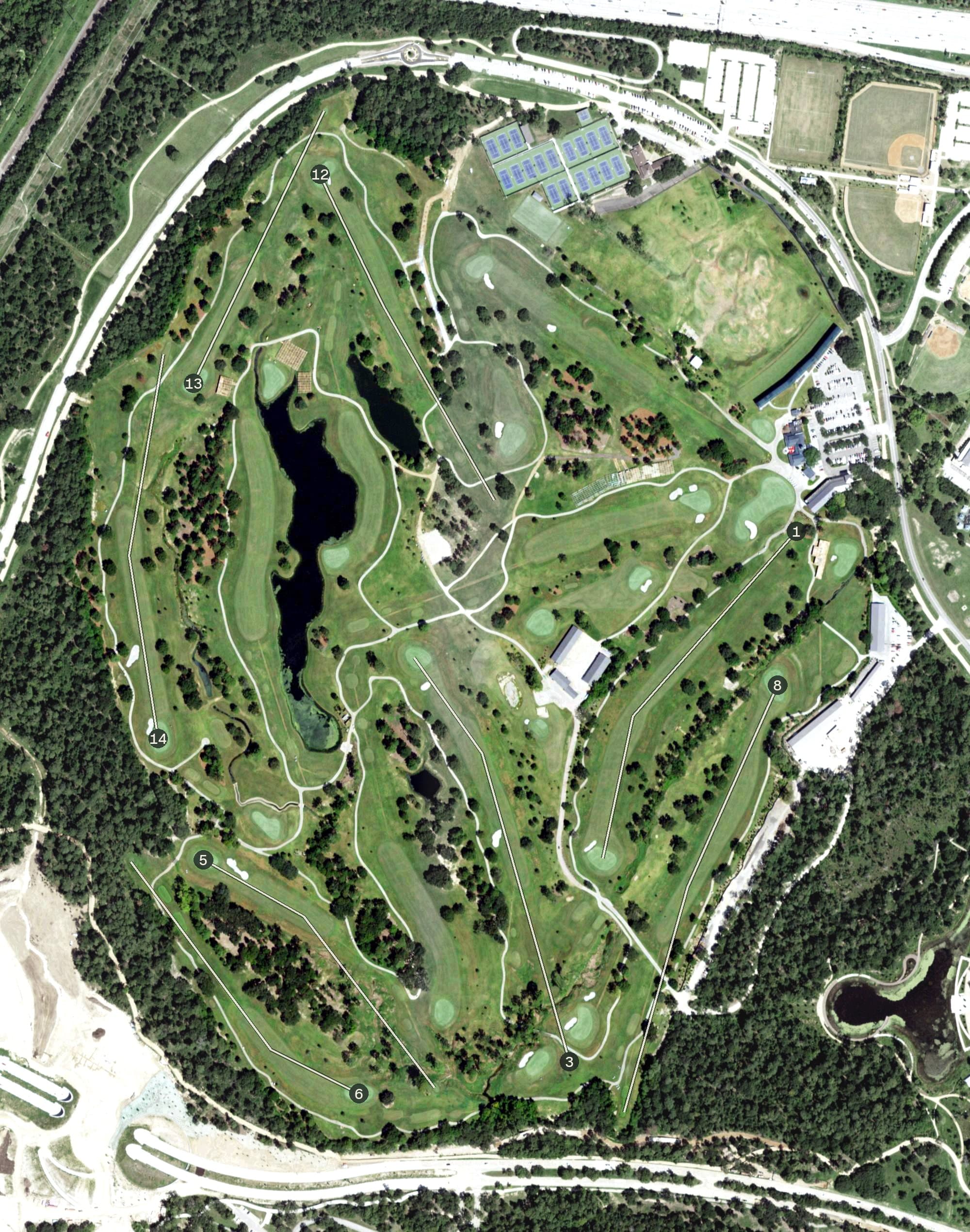 Aerial view of Memorial Park Golf Course, TX, with its hole routing marked