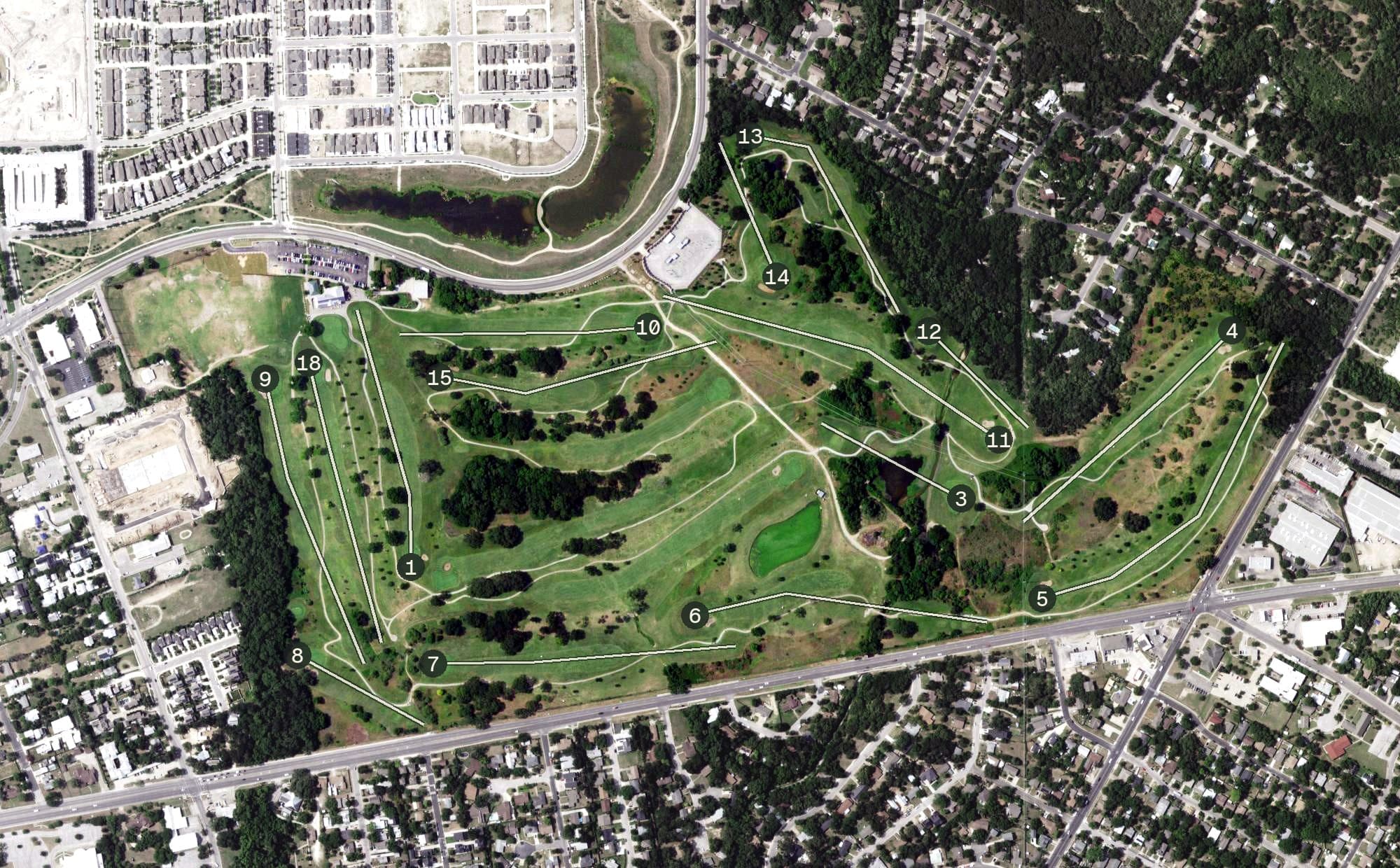 Aerial view of Morris Williams Golf Course, TX, with its hole routing marked