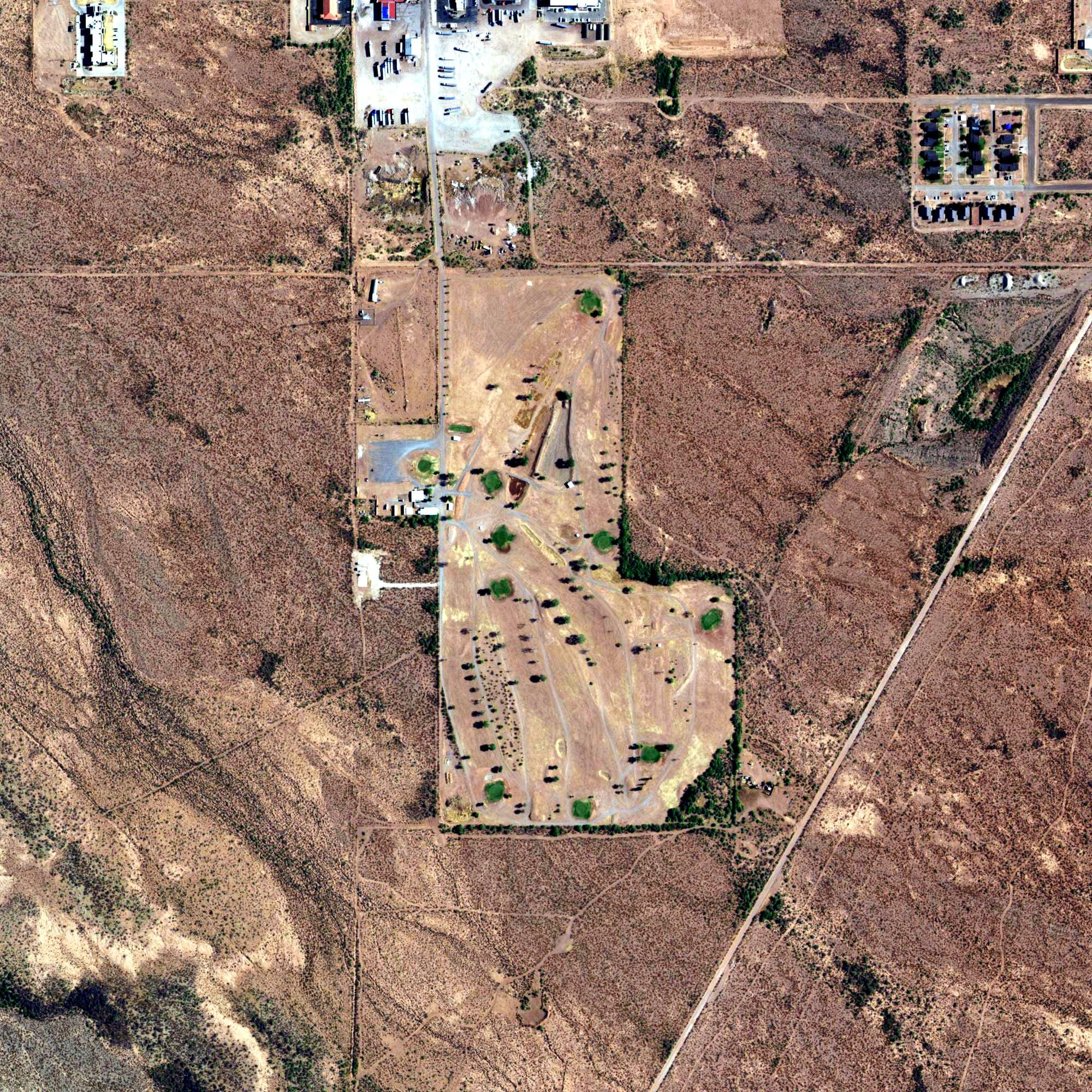 Aerial view of Mountain View Golf Course, TX, with its hole routing marked