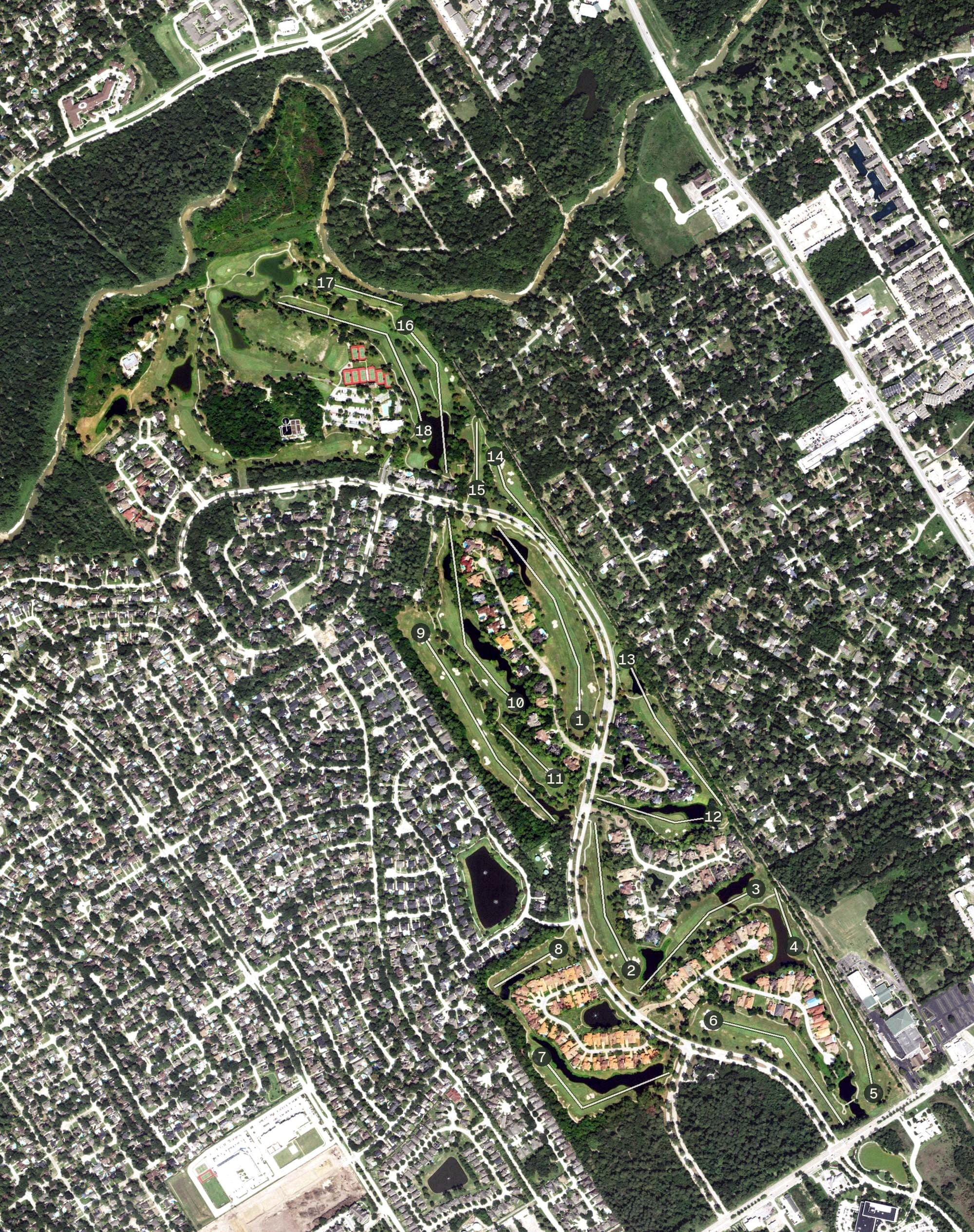 Aerial view of Northgate Country Club, TX, with its hole routing marked