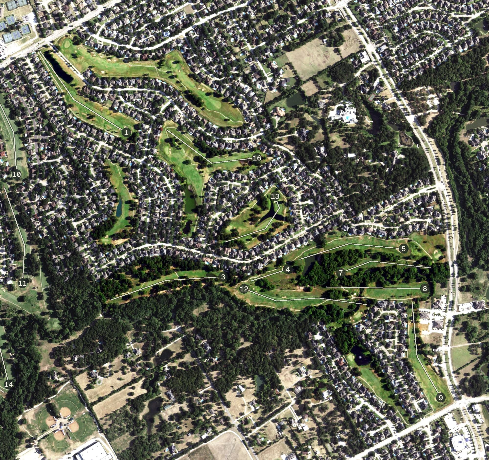Aerial view of Oak Course, TX, with its hole routing marked