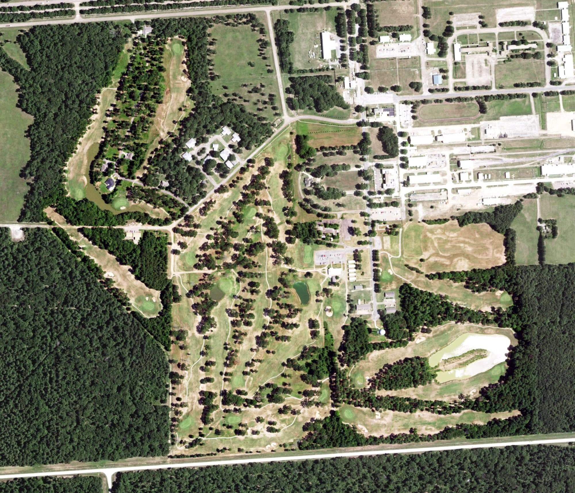Aerial view of Oak Grove Golf Course, TX, with its hole routing marked