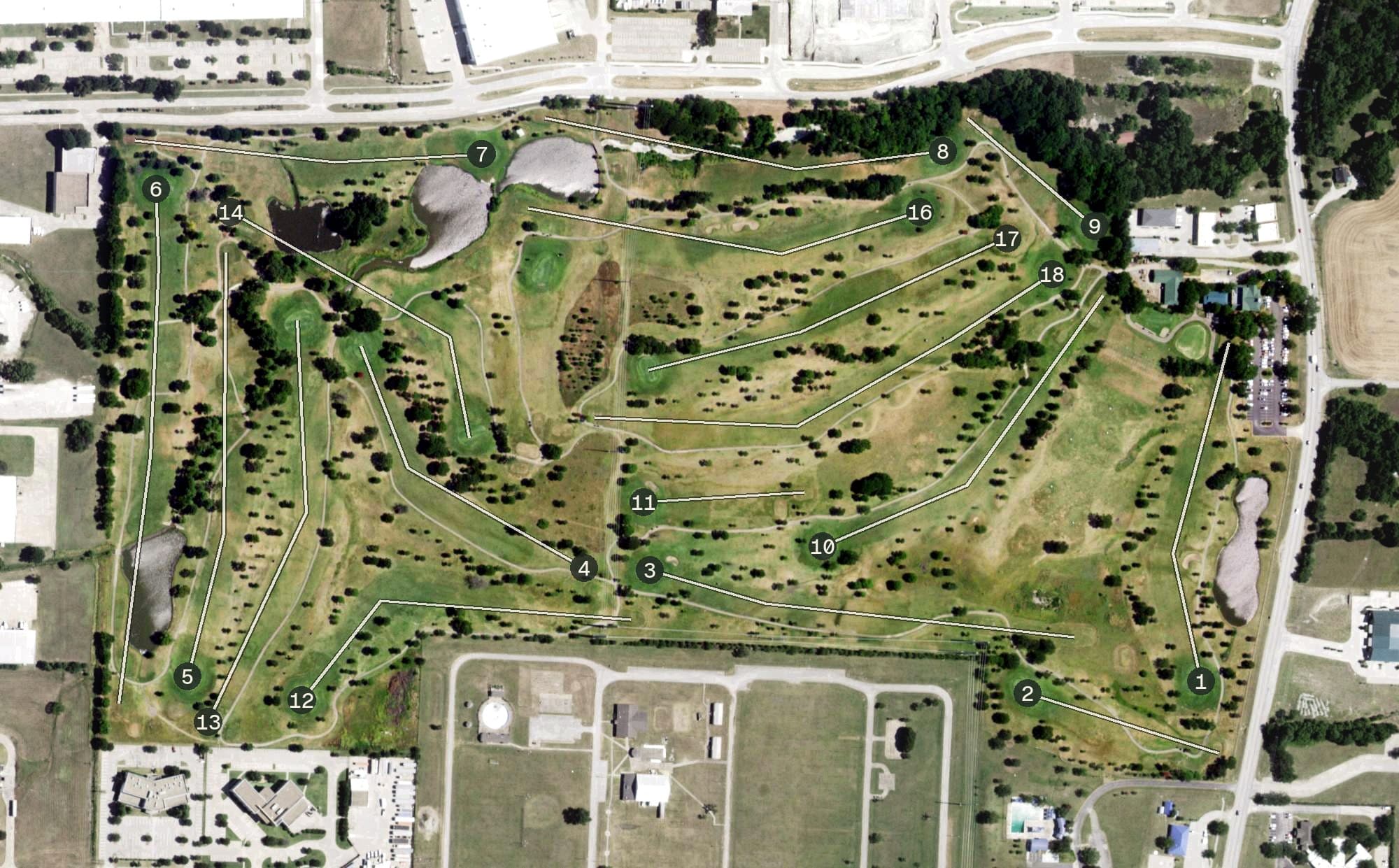 Aerial view of Oak Hollow Golf Course, TX, with its hole routing marked