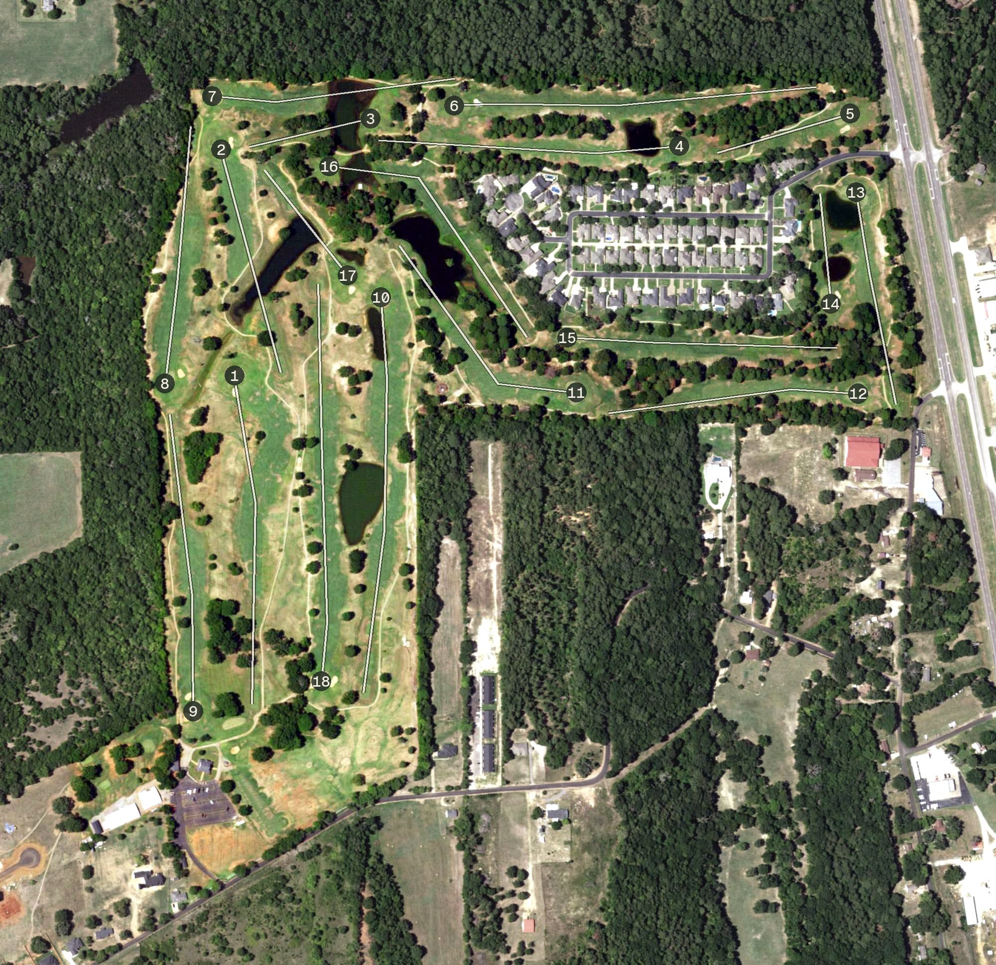 Aerial view of Oak Hurst Golf Course, TX, with its hole routing marked