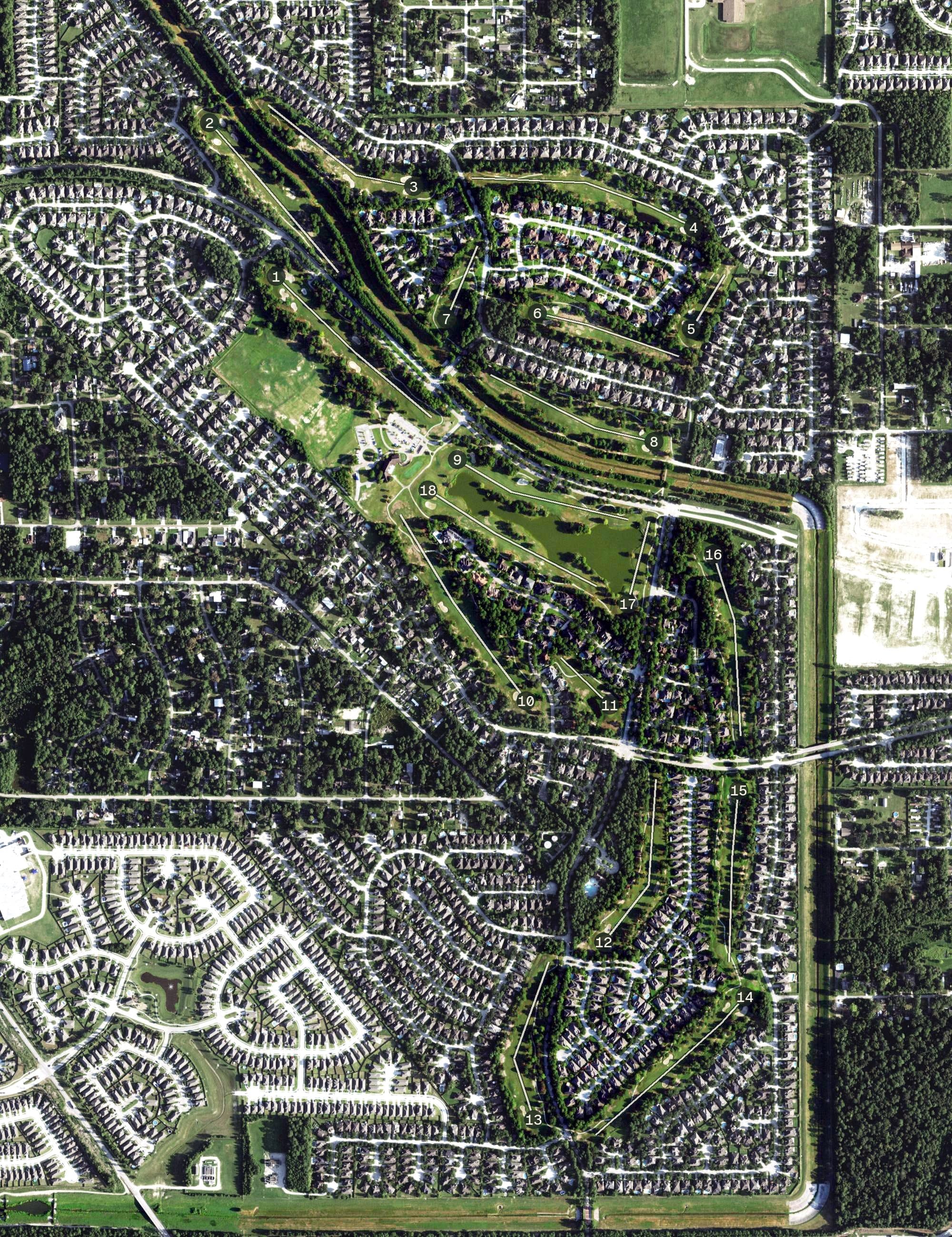 Aerial view of Oakhurst Golf Club, TX, with its hole routing marked