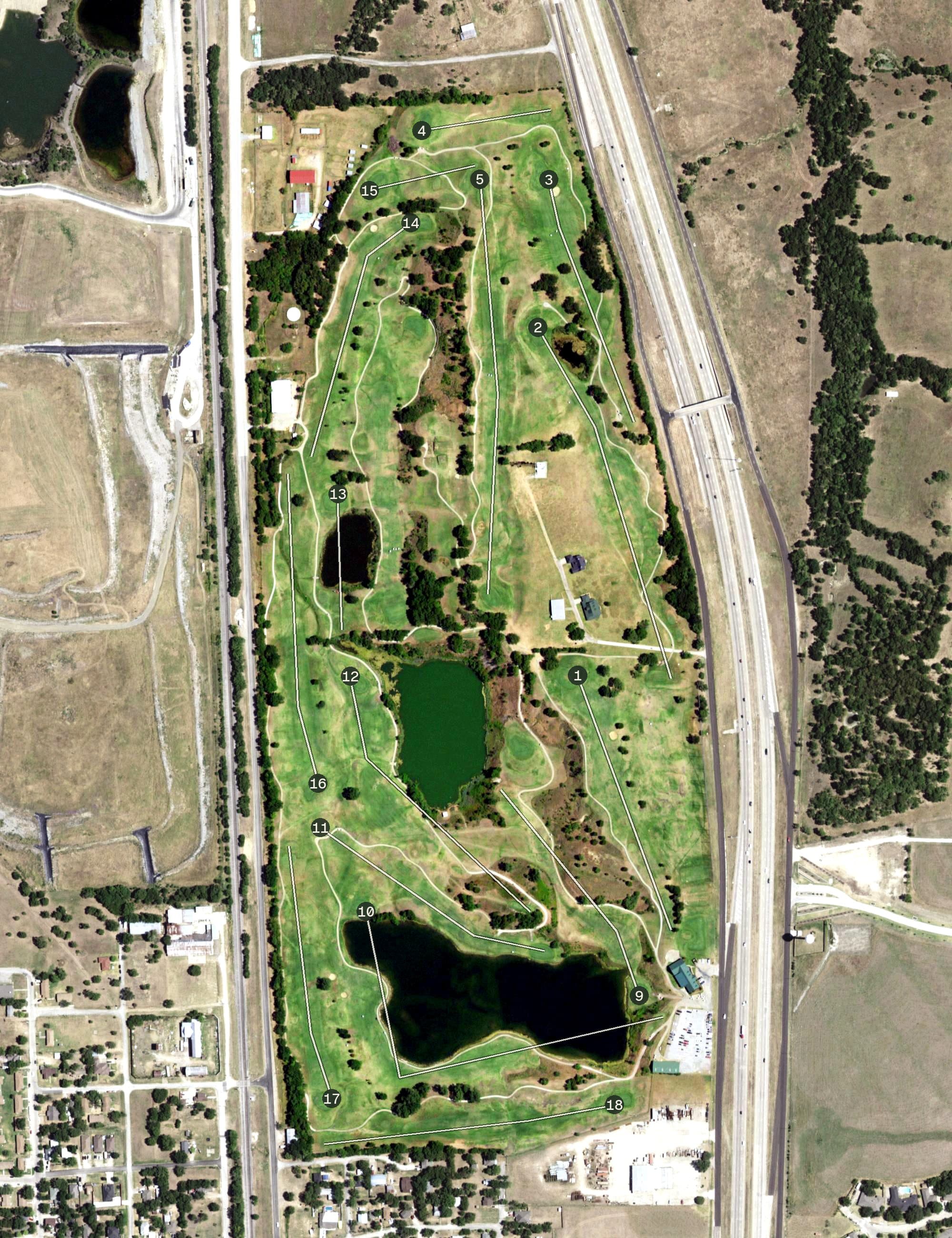 Aerial view of Old Brickyard Golf Course, TX, with its hole routing marked