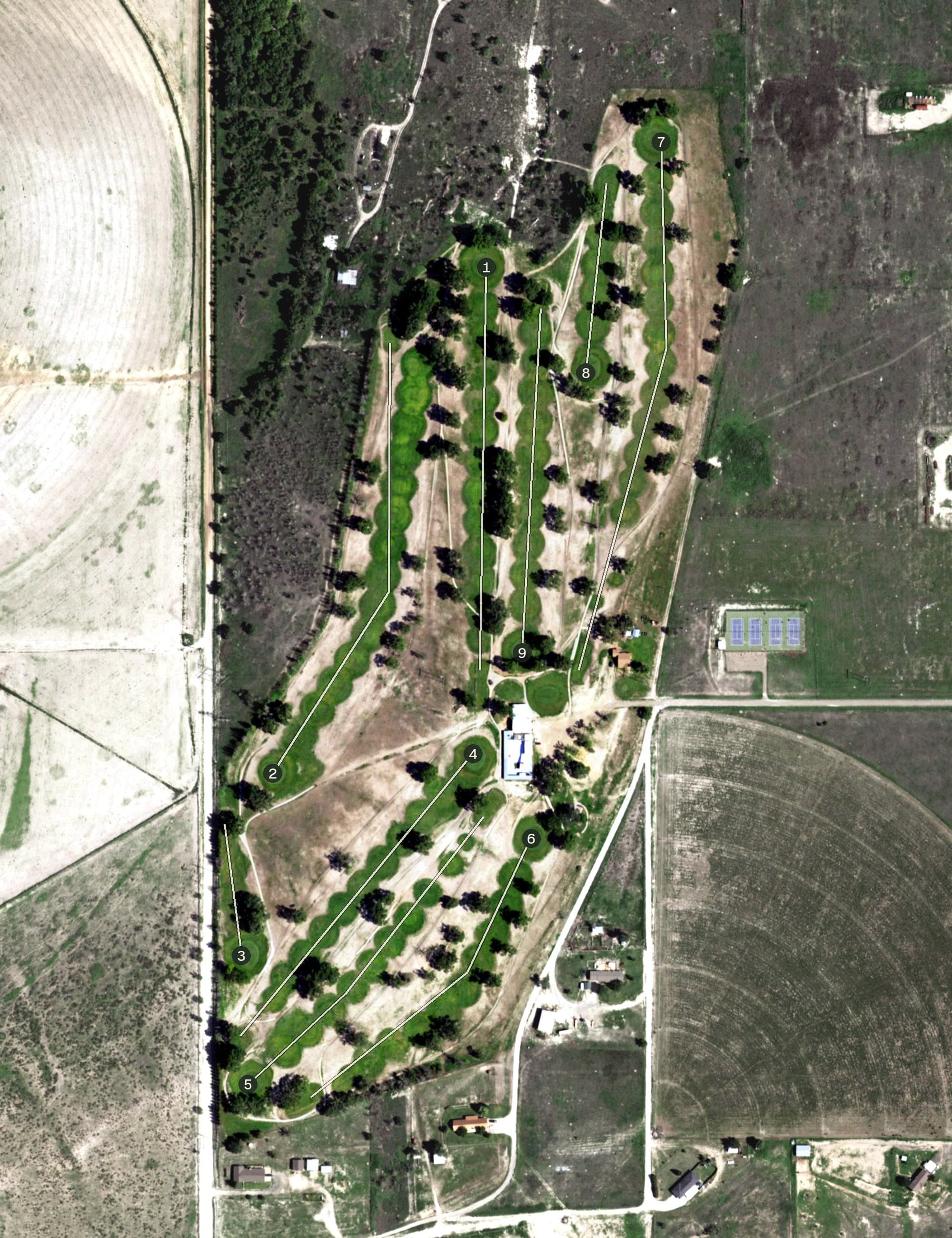 Aerial view of Olton Country Club, TX, with its hole routing marked