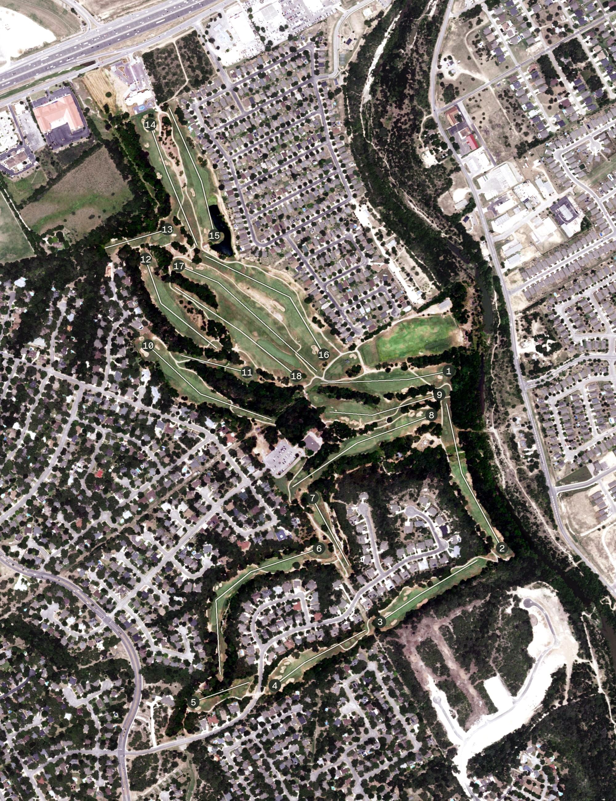 Aerial view of Olympia Hills Golf & Event Center, TX, with its hole routing marked
