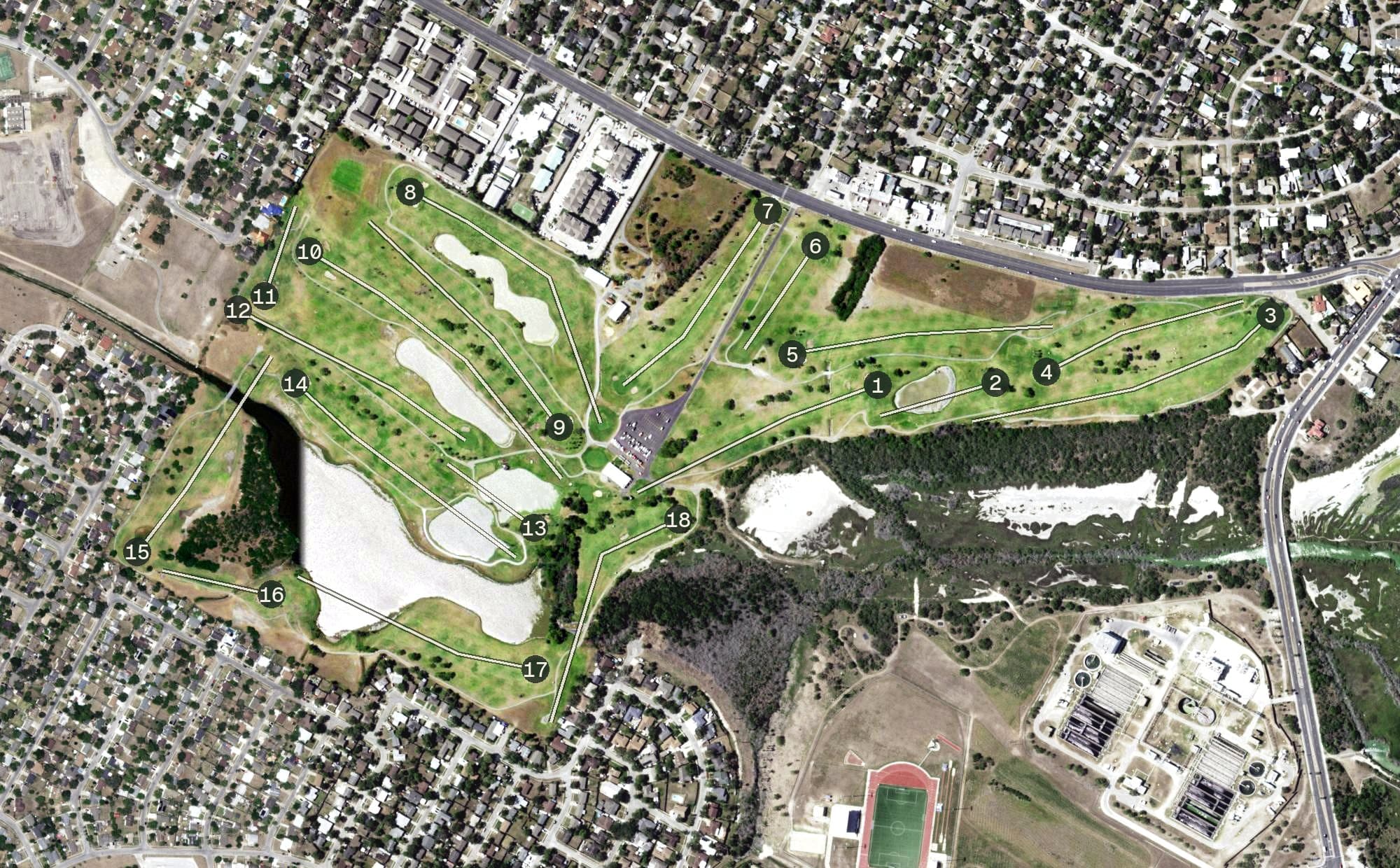 Aerial view of Oso Beach Municipal Golf Course, TX, with its hole routing marked