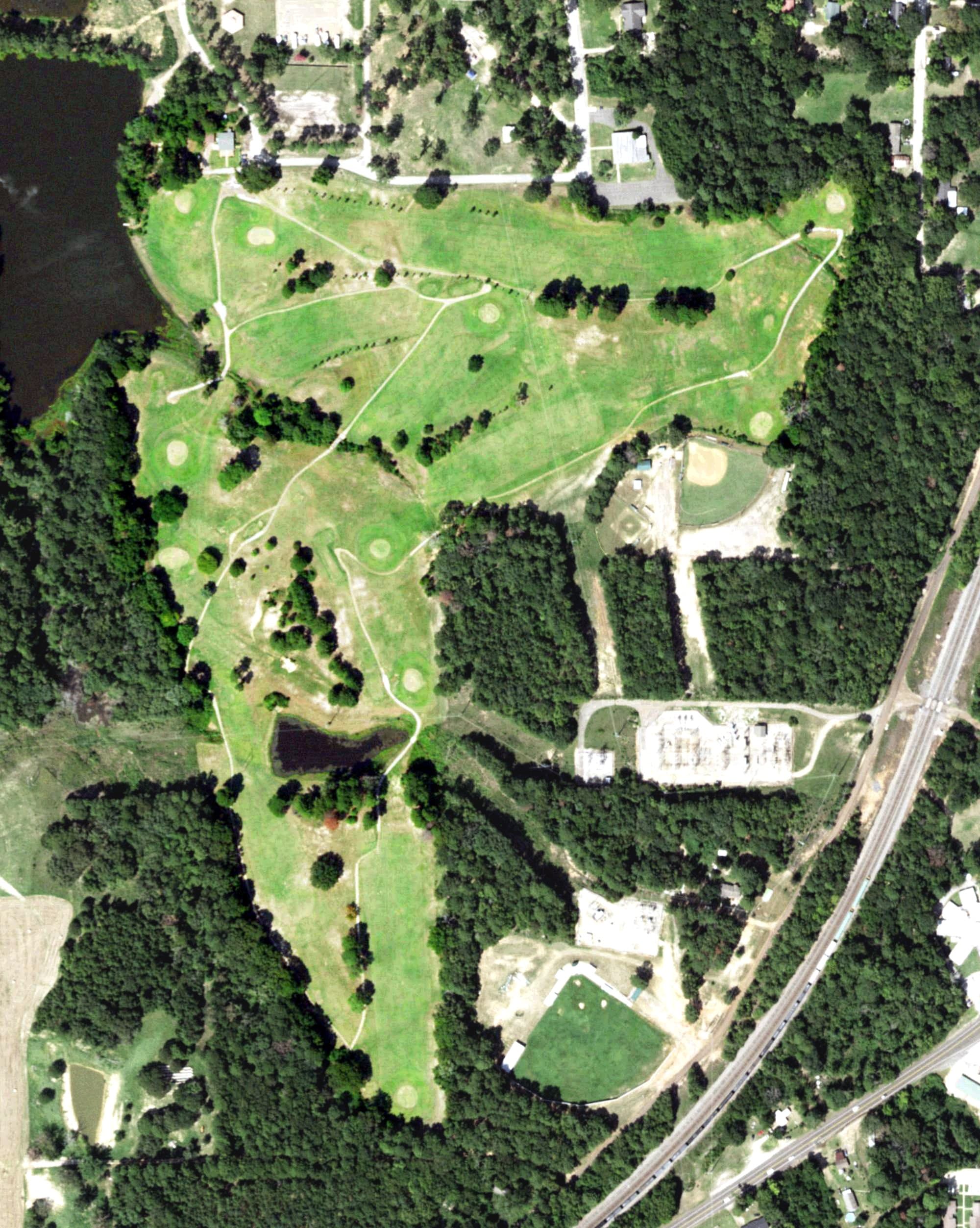 Aerial view of Overton Golf Course, TX, with its hole routing marked
