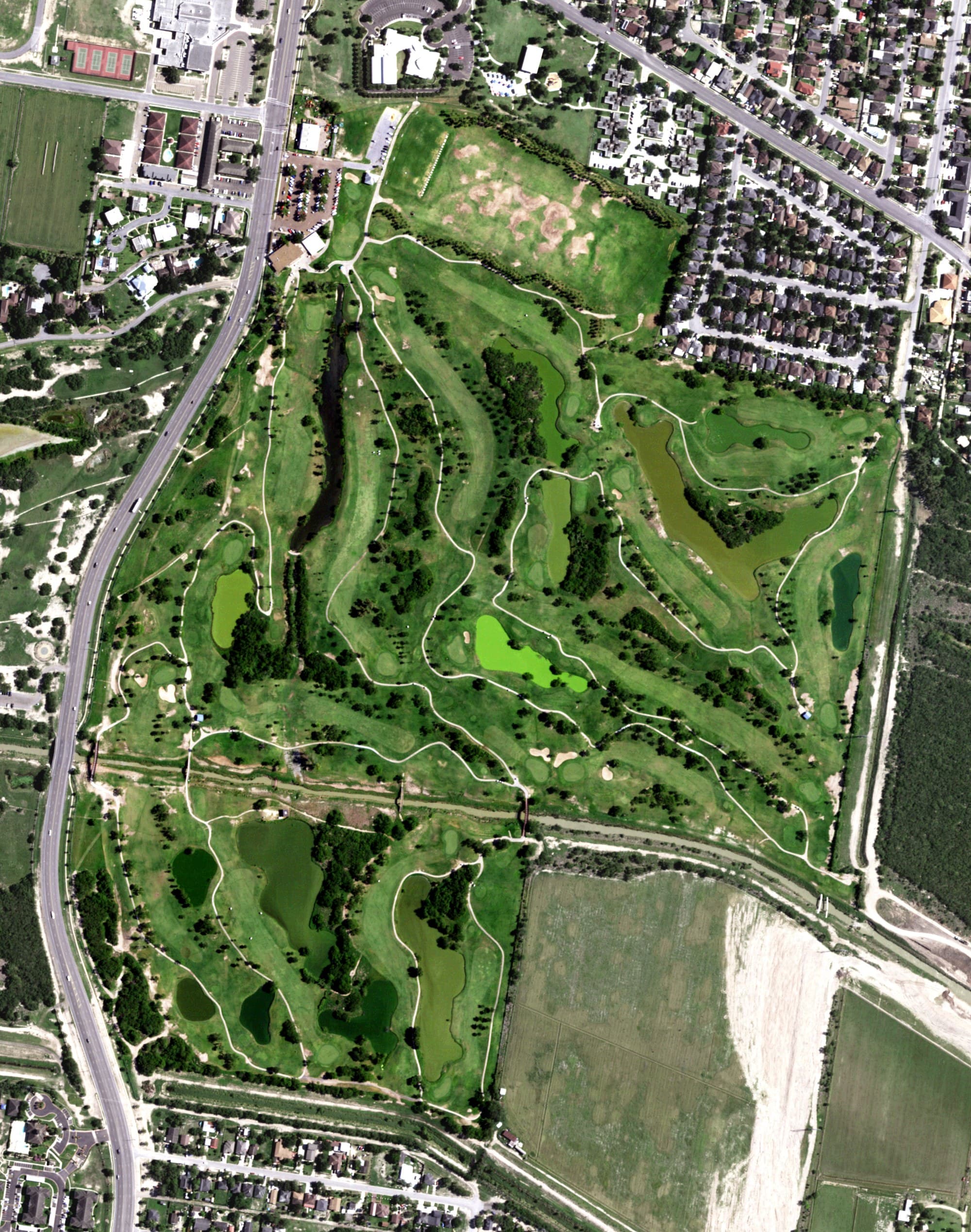 Aerial view of Palm View Golf Course, TX, with its hole routing marked