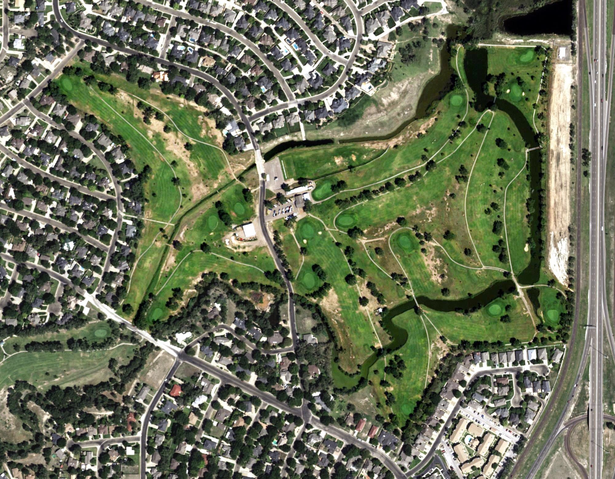 Aerial view of Palo Duro Creek Golf Course, TX, with its hole routing marked