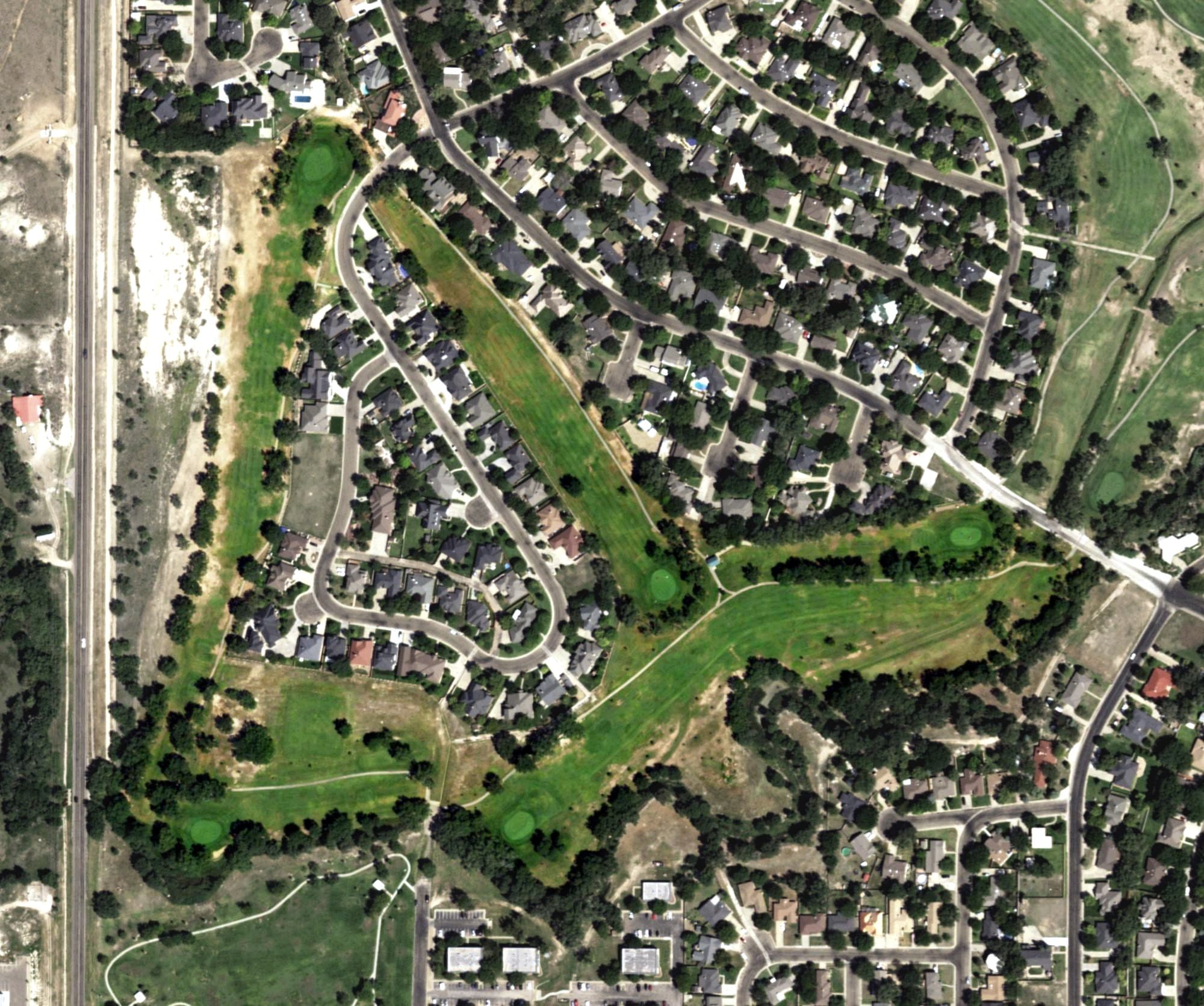 Aerial view of Palo Duro Creek Golf Course, TX, with its hole routing marked