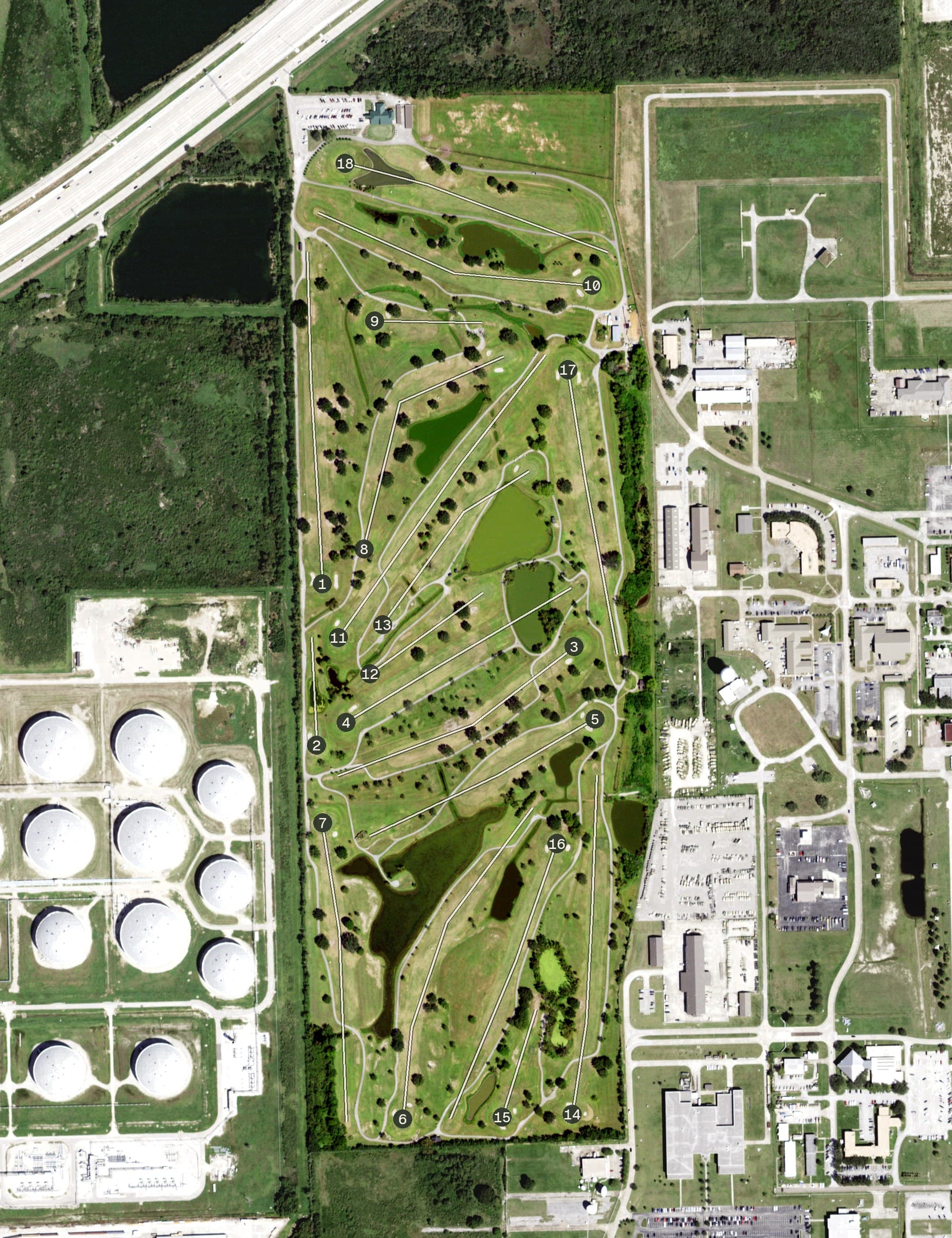 Aerial view of Pasadena Municipal Golf Course, TX, with its hole routing marked