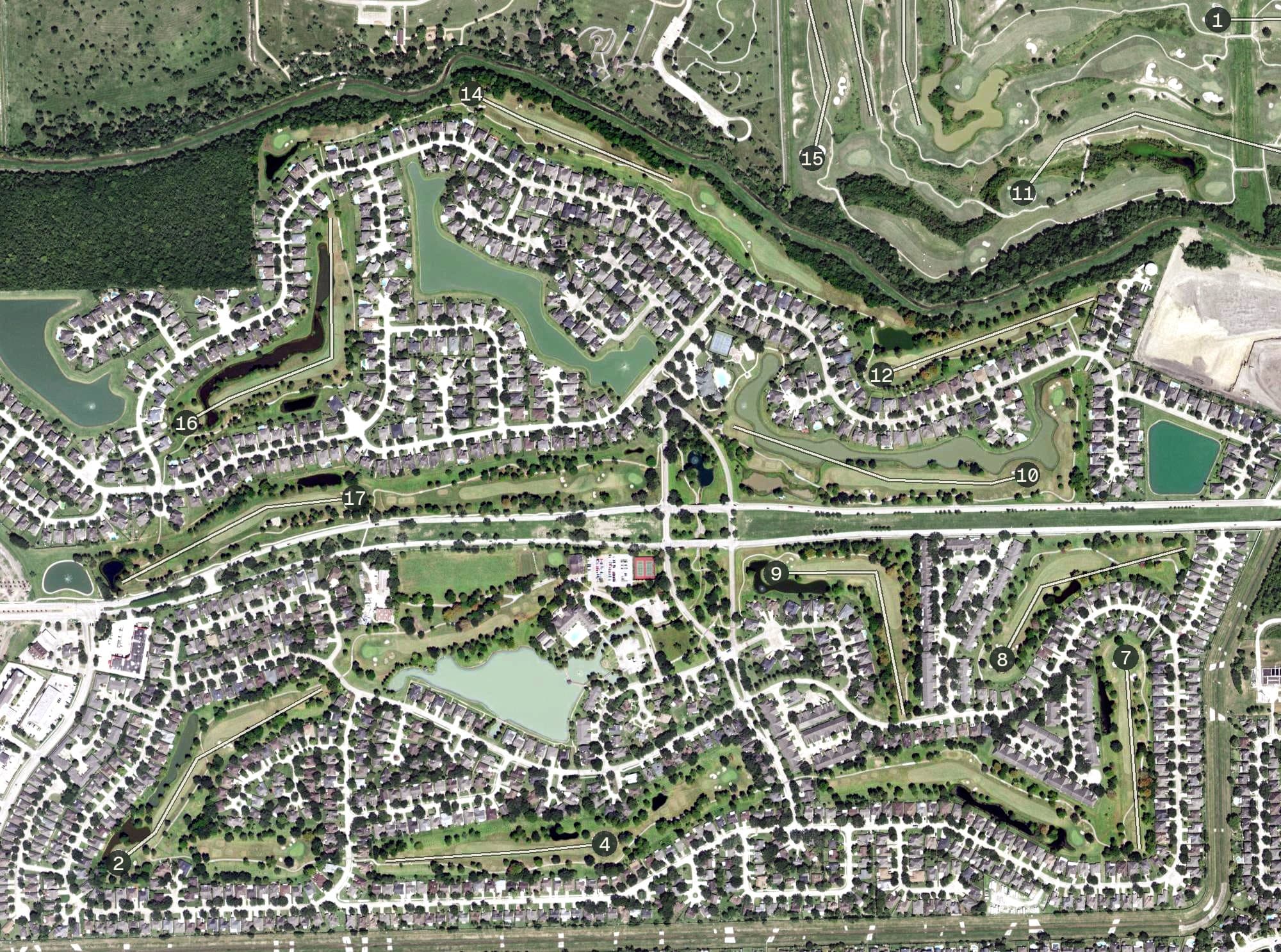 Aerial view of Pearland Golf Club, TX, with its hole routing marked