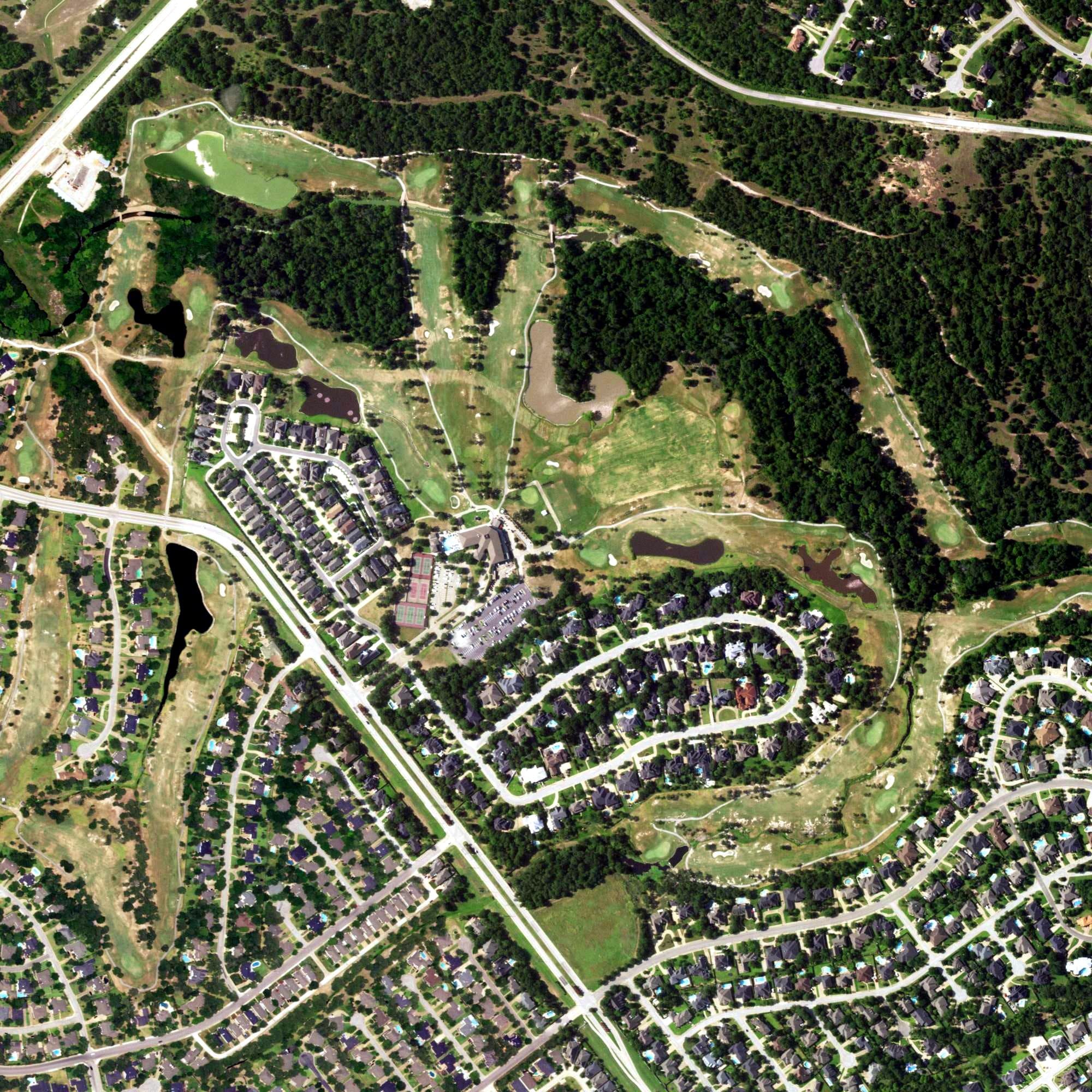 Aerial view of Pebble Creek Golf Course, TX, with its hole routing marked