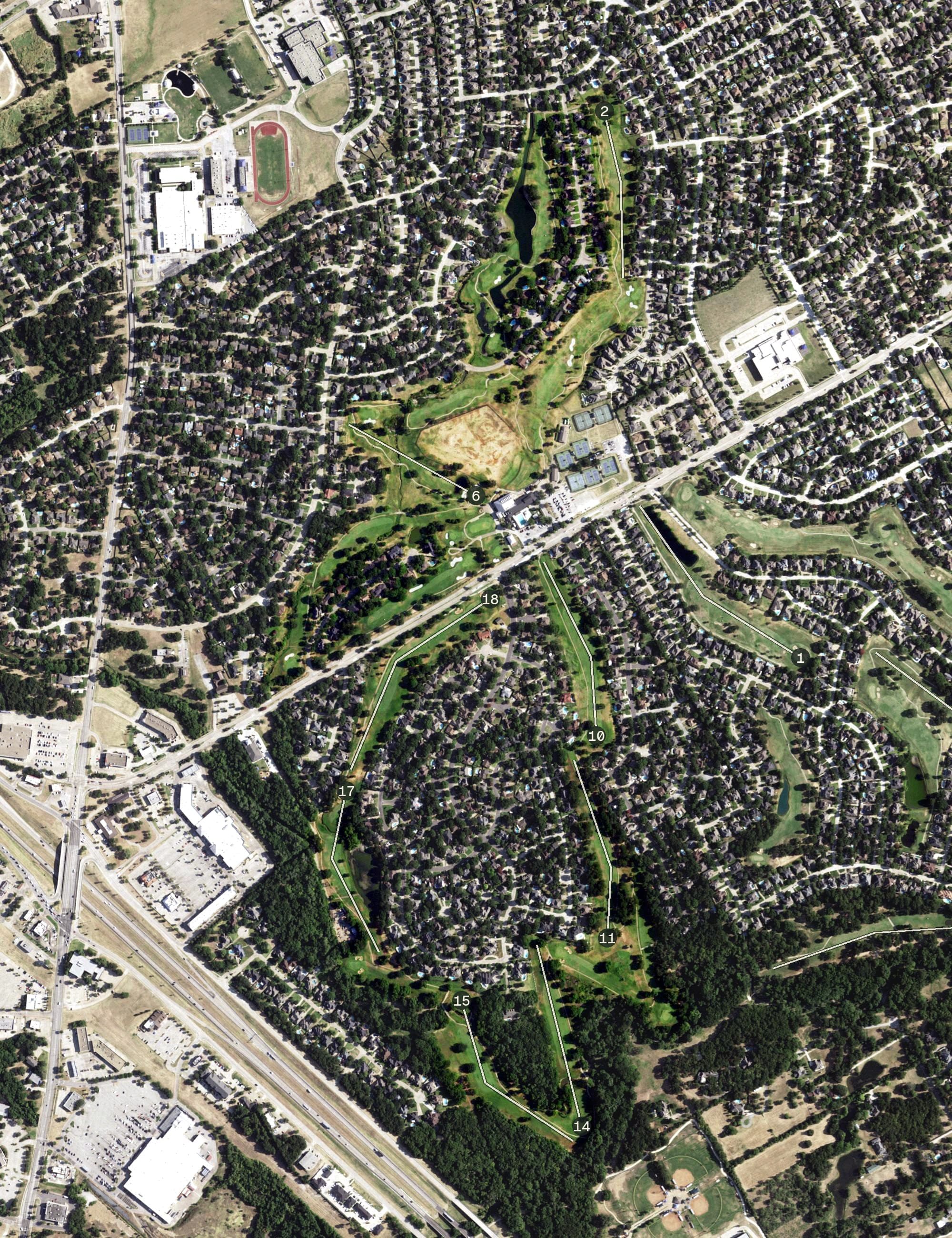 Aerial view of Pecan Course, TX, with its hole routing marked