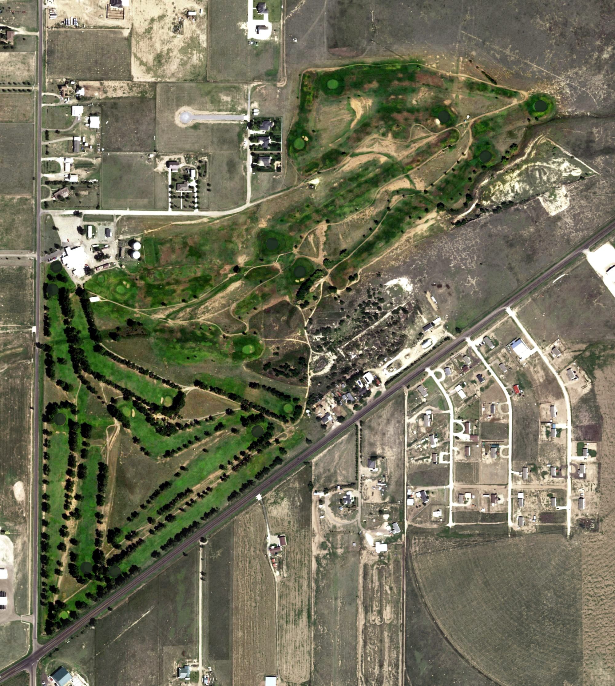 Aerial view of Pheasant Trails Golf Course, TX, with its hole routing marked