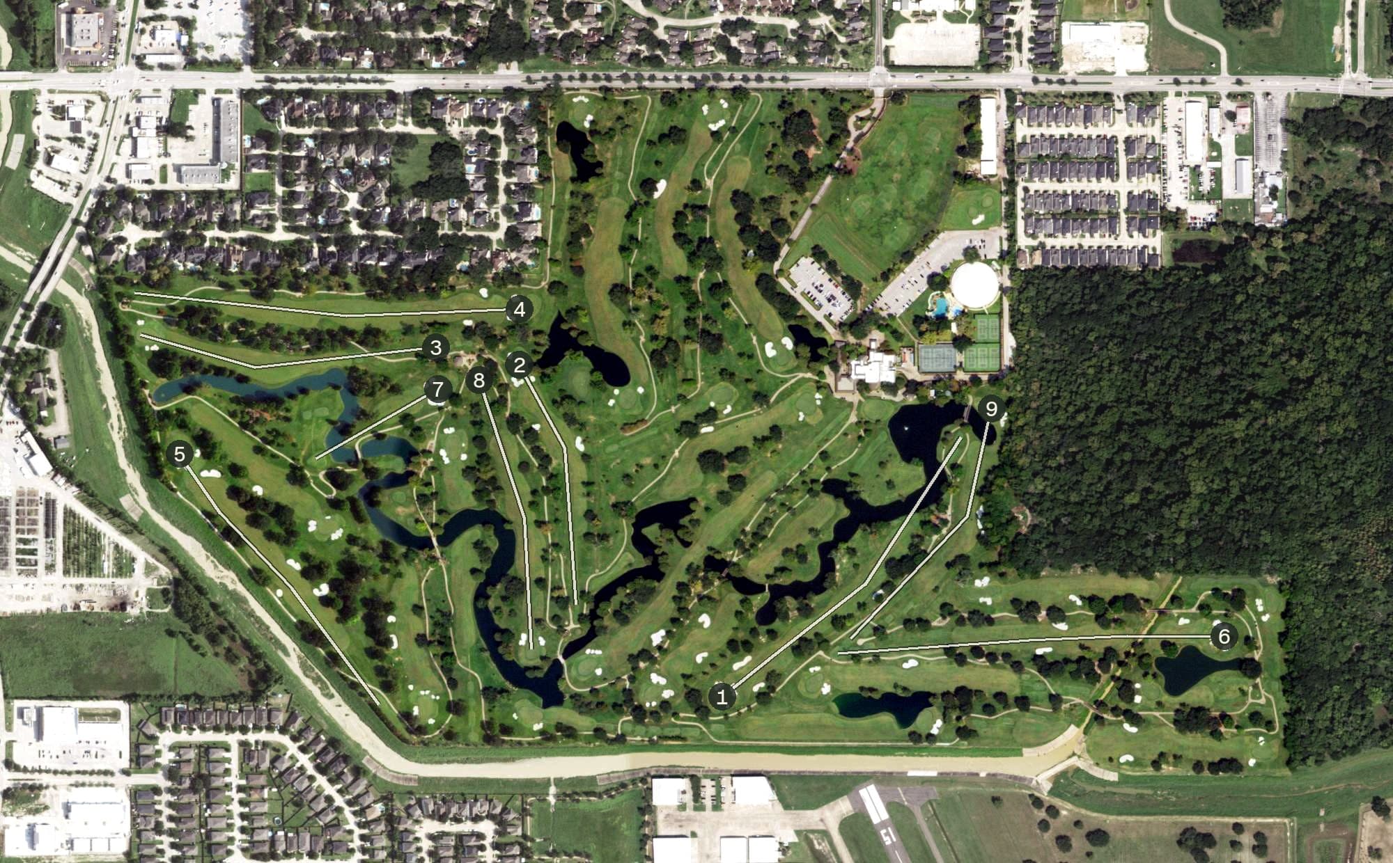 Aerial view of Pine Forest Country Club, TX, with its hole routing marked