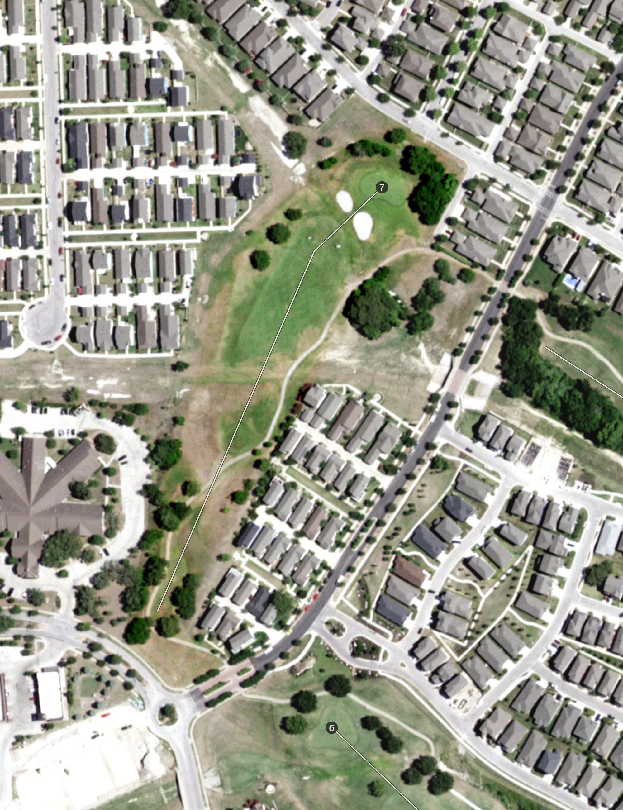 Aerial view of Plum Creek Golf Course, TX, with its hole routing marked