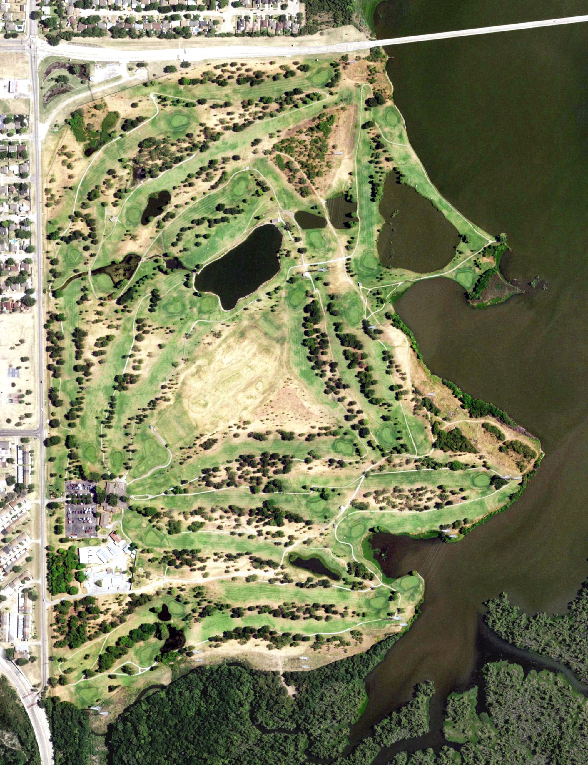 Aerial view of Prairie Lakes Golf Course, TX, with its hole routing marked