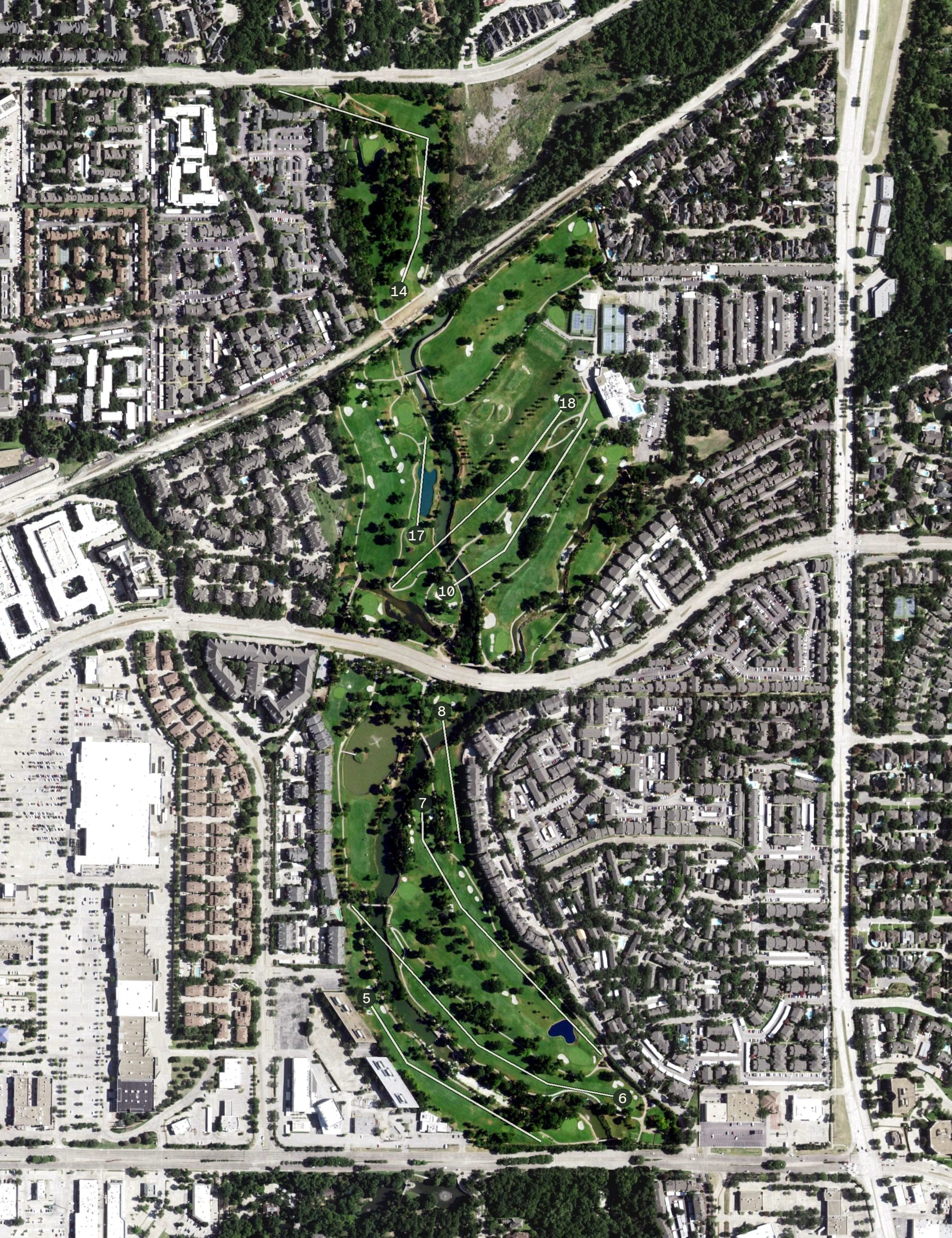 Aerial view of Prestonwood Country Club - Creeks Course, TX, with its hole routing marked