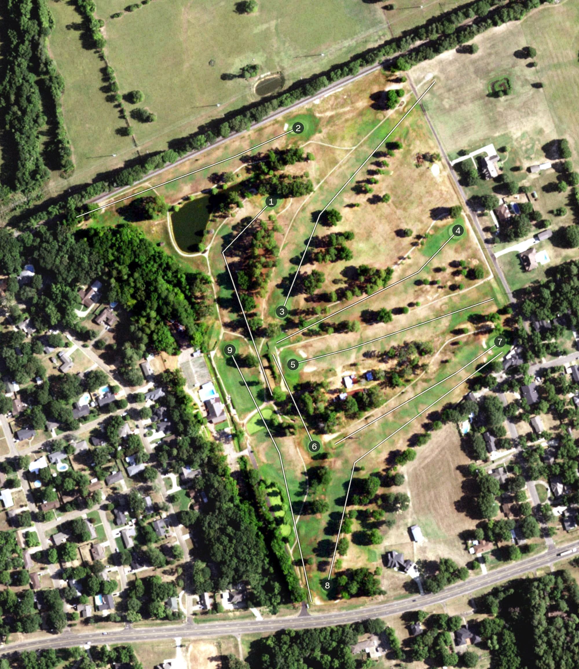 Aerial view of Princedale Country Club, TX, with its hole routing marked